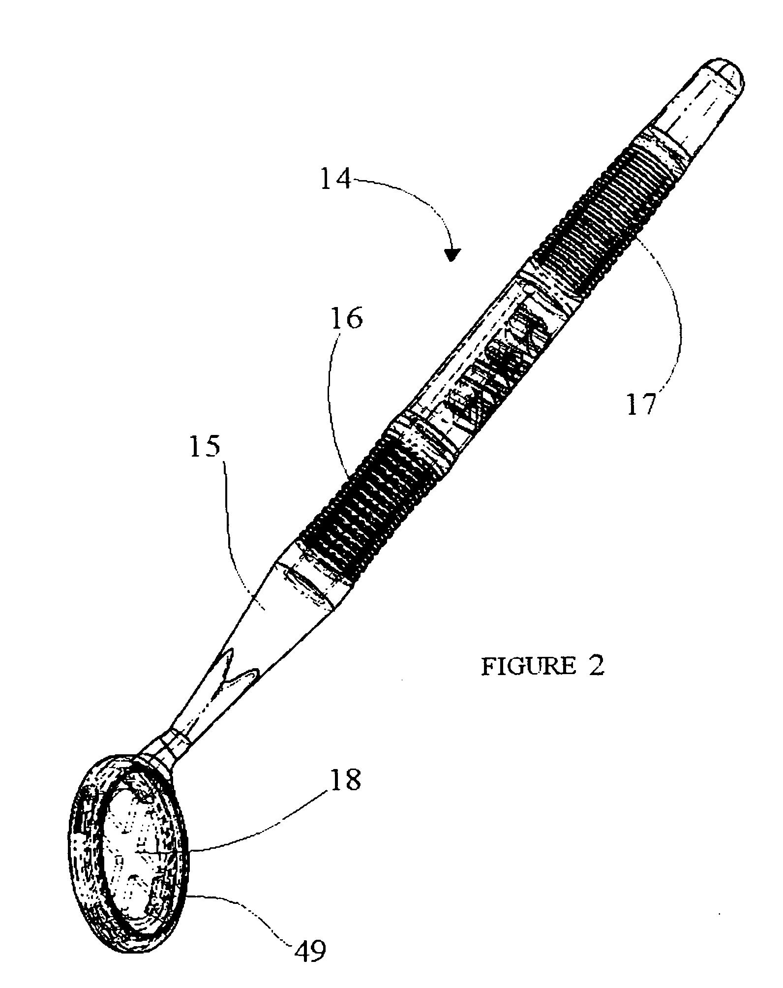 Mouth mirror handle featuring improved lens mounting technique