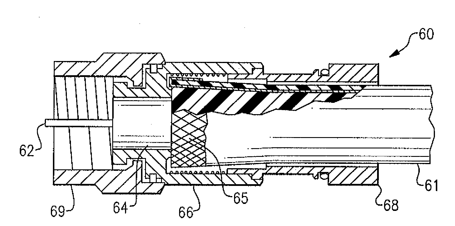 Hydraulic compression tool for installing a coaxial cable connector and method of operating thereof