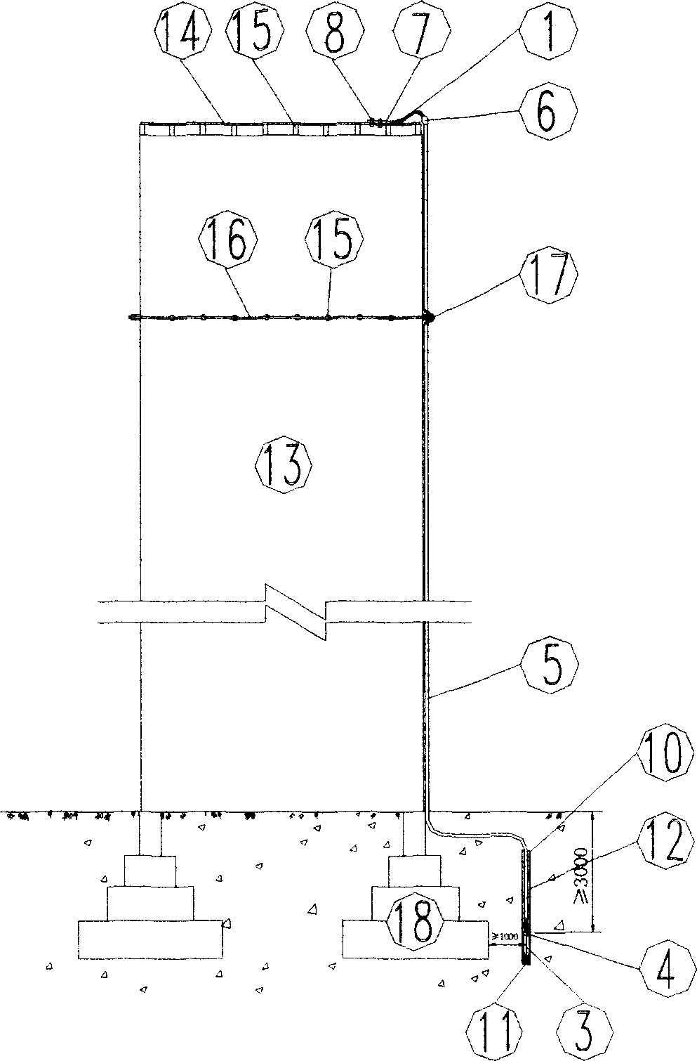 Overvoltage protecting ground device with insulative wire leading underground deeply