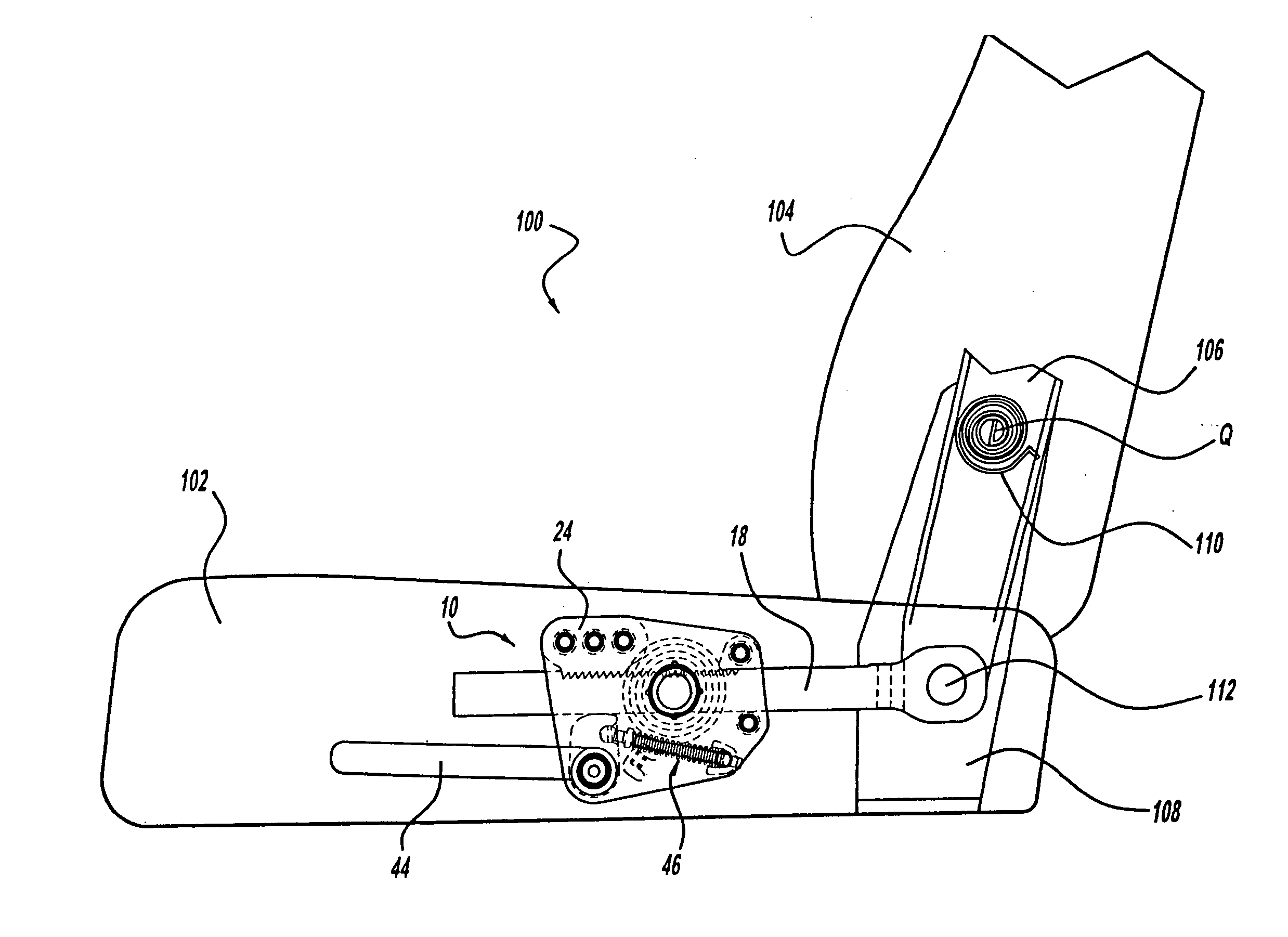 Simplified linear recliner having a fixed pawl