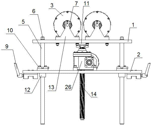 Automatic centering roller central frame device capable of ascending and descending