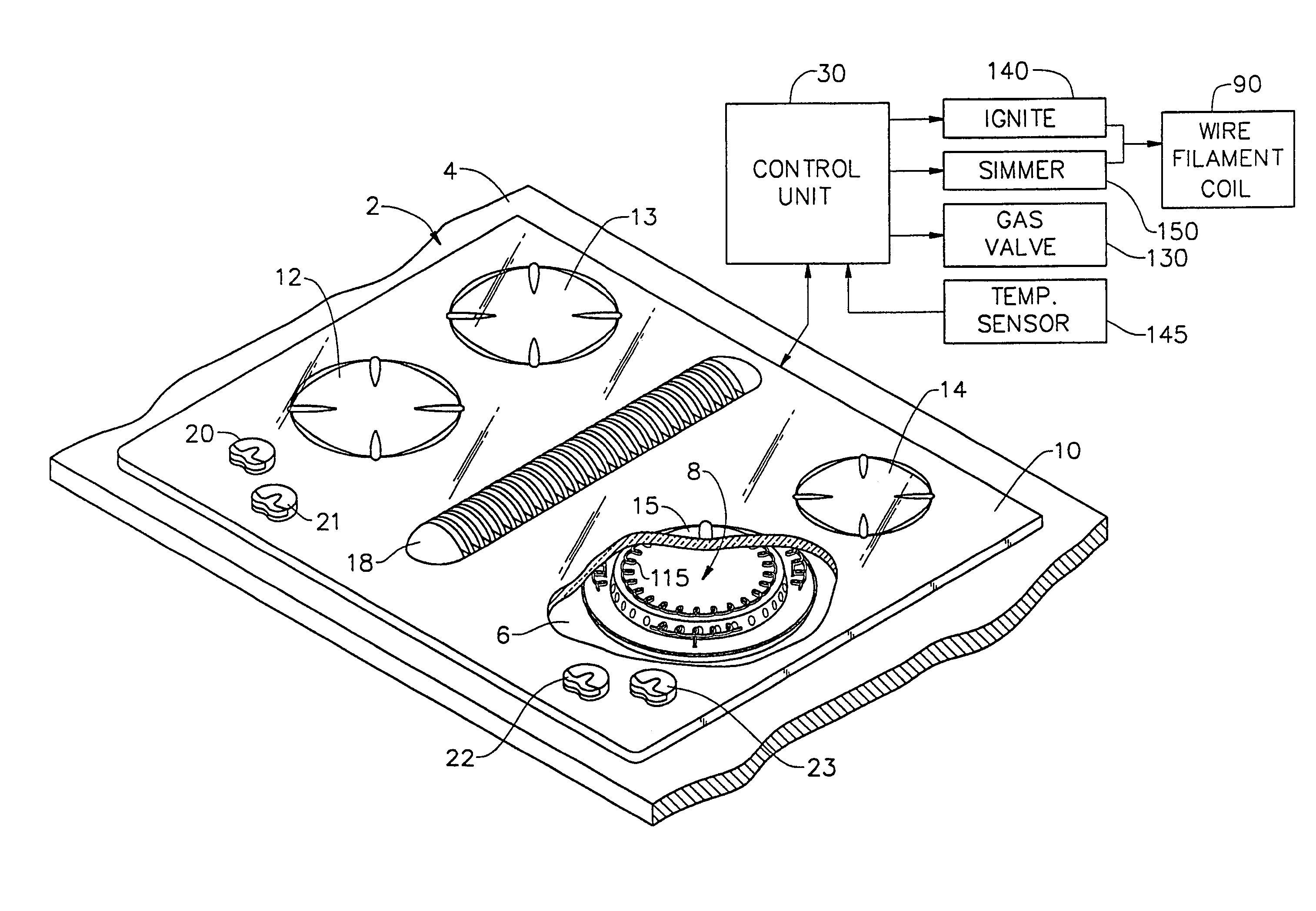 Smooth surface gas cooktop having an electric ignition/turndown system