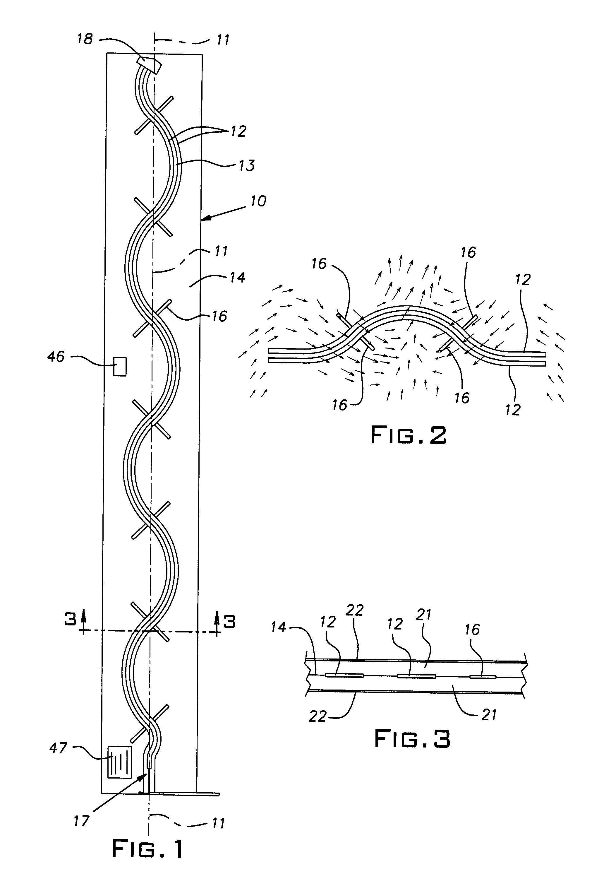 Elongated twin feed line RFID antenna with distributed radiation perturbations