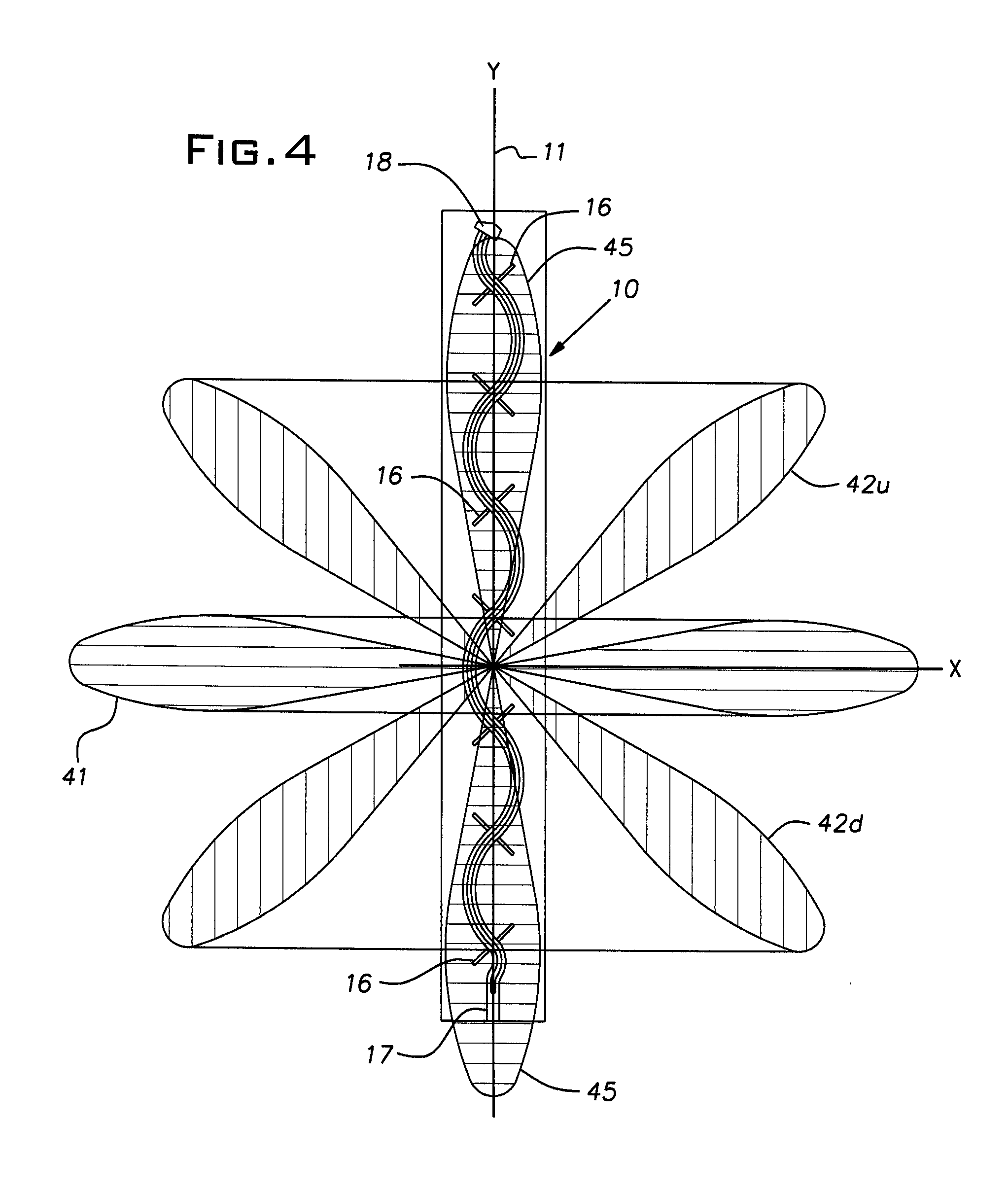 Elongated twin feed line RFID antenna with distributed radiation perturbations