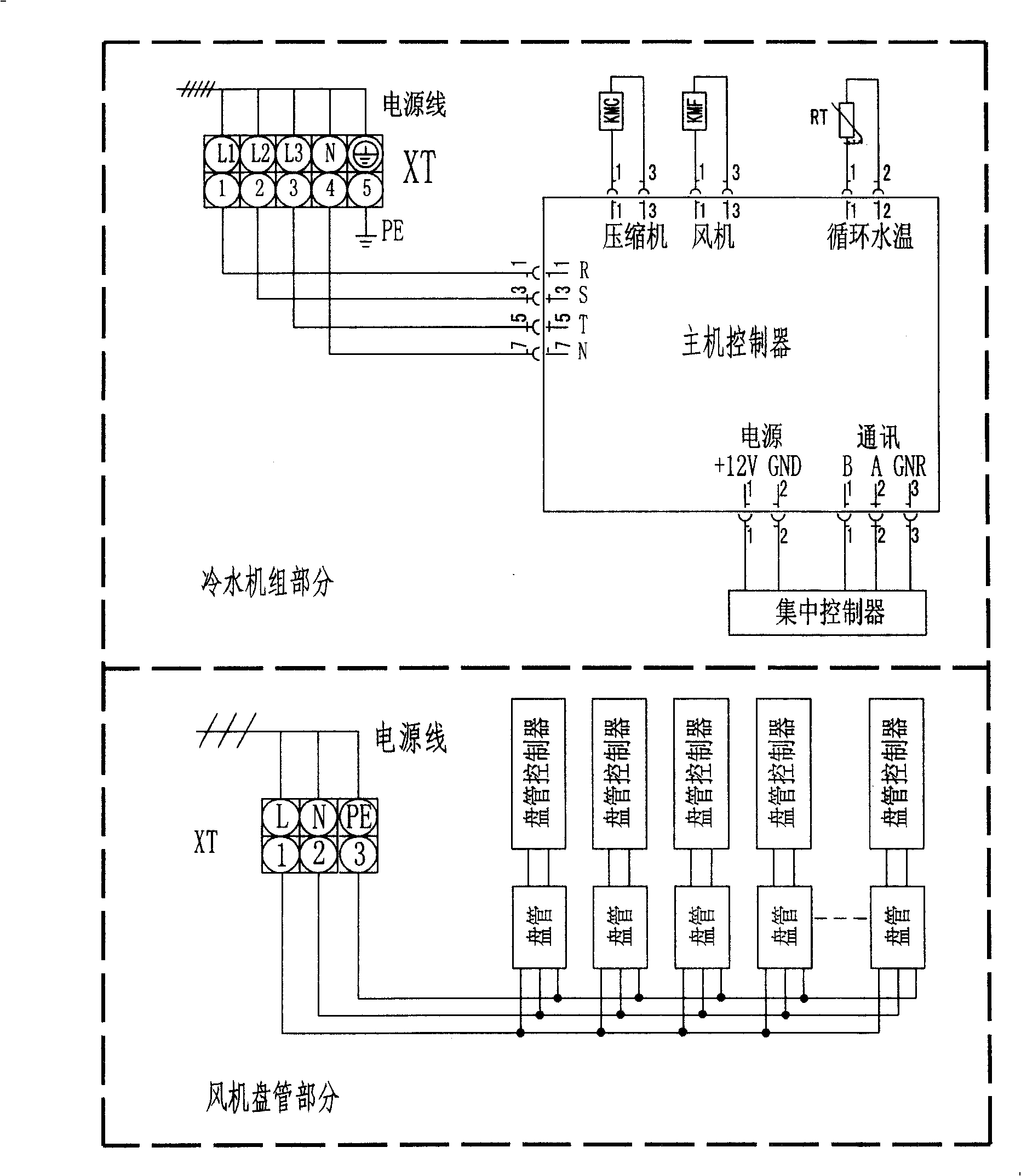 Cooling system for cold and hot water machine set with fan disc pipe