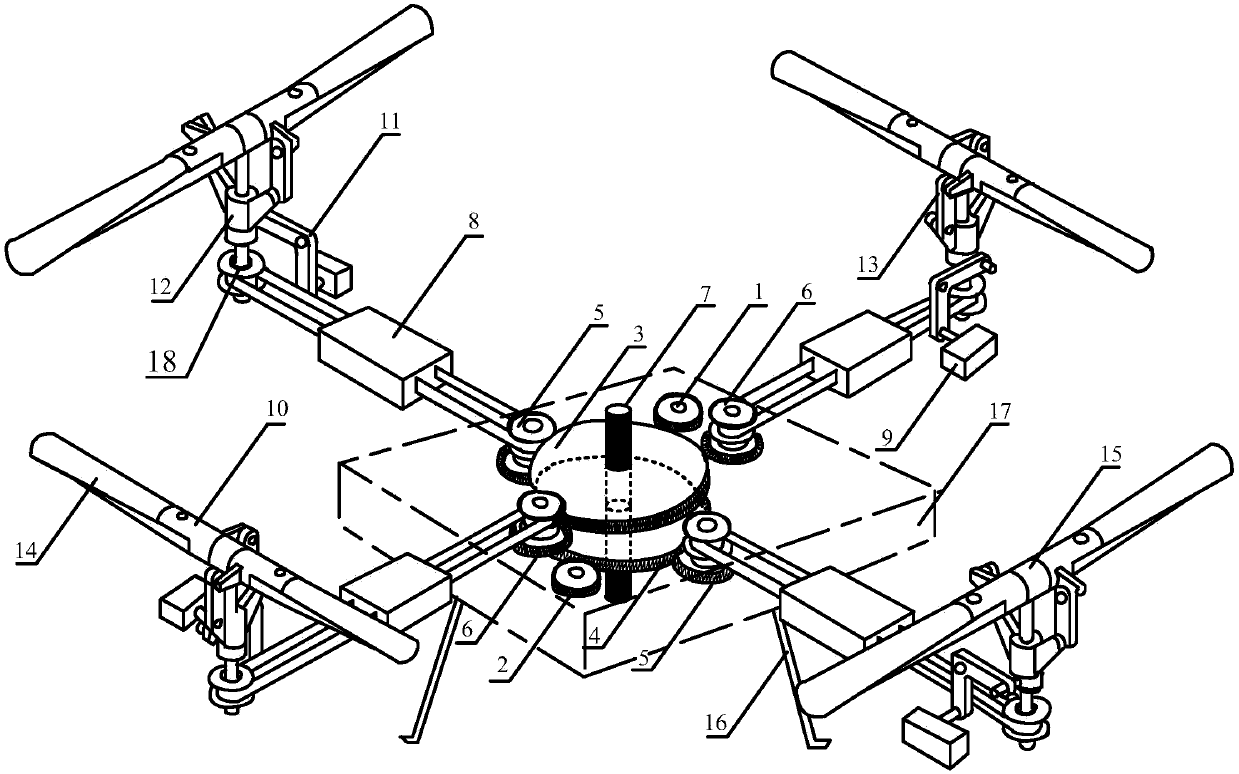 Unmanned aerial vehicle with double engines, four shafts and four rotors