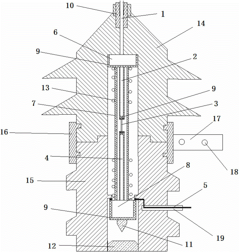 Major diameter upper leading-out wire two segment type insulation porcelain body injection fuse