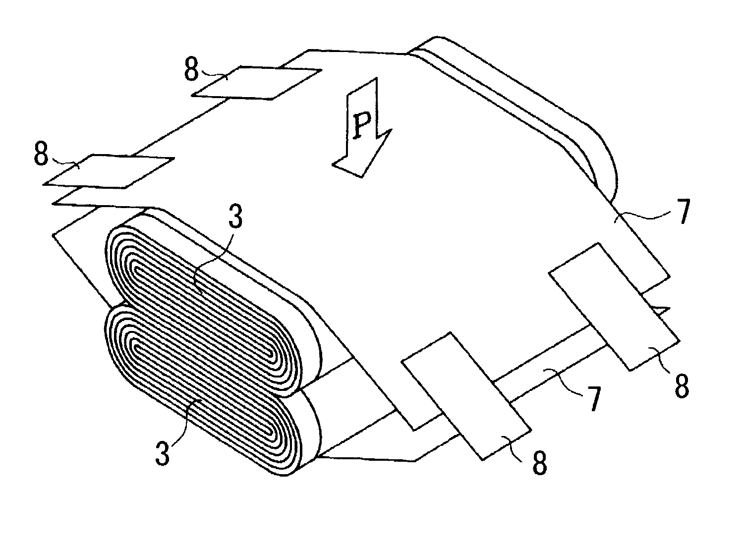 Cell comprising a power-generating element fastened by sheets