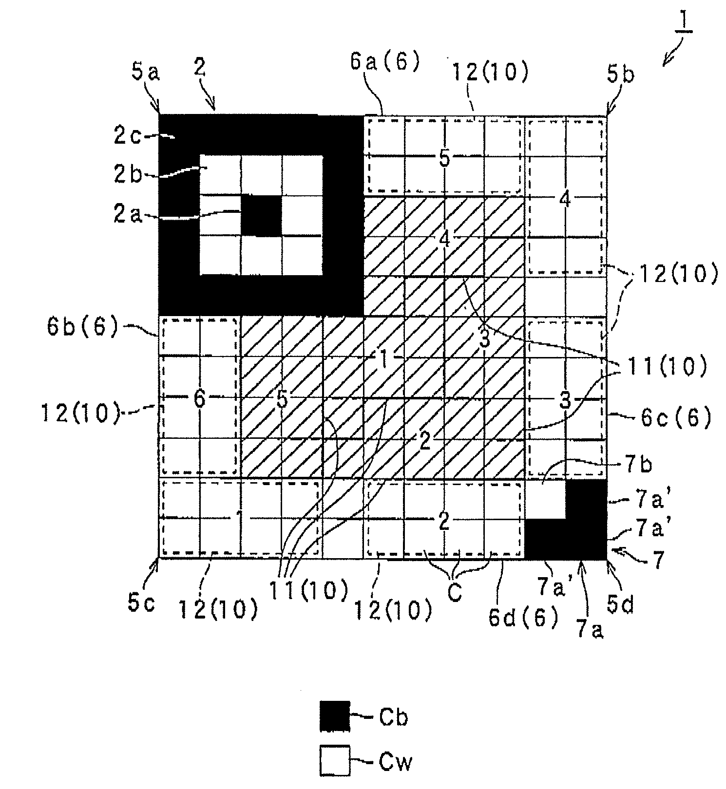 Two-dimensional code having rectangular region provided with specific patterns for specification of cell postions and distinction from background