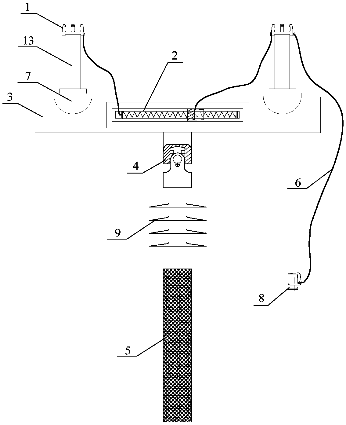 An all-weather bushing lead-out line type earthing discharge tool of electric power equipment