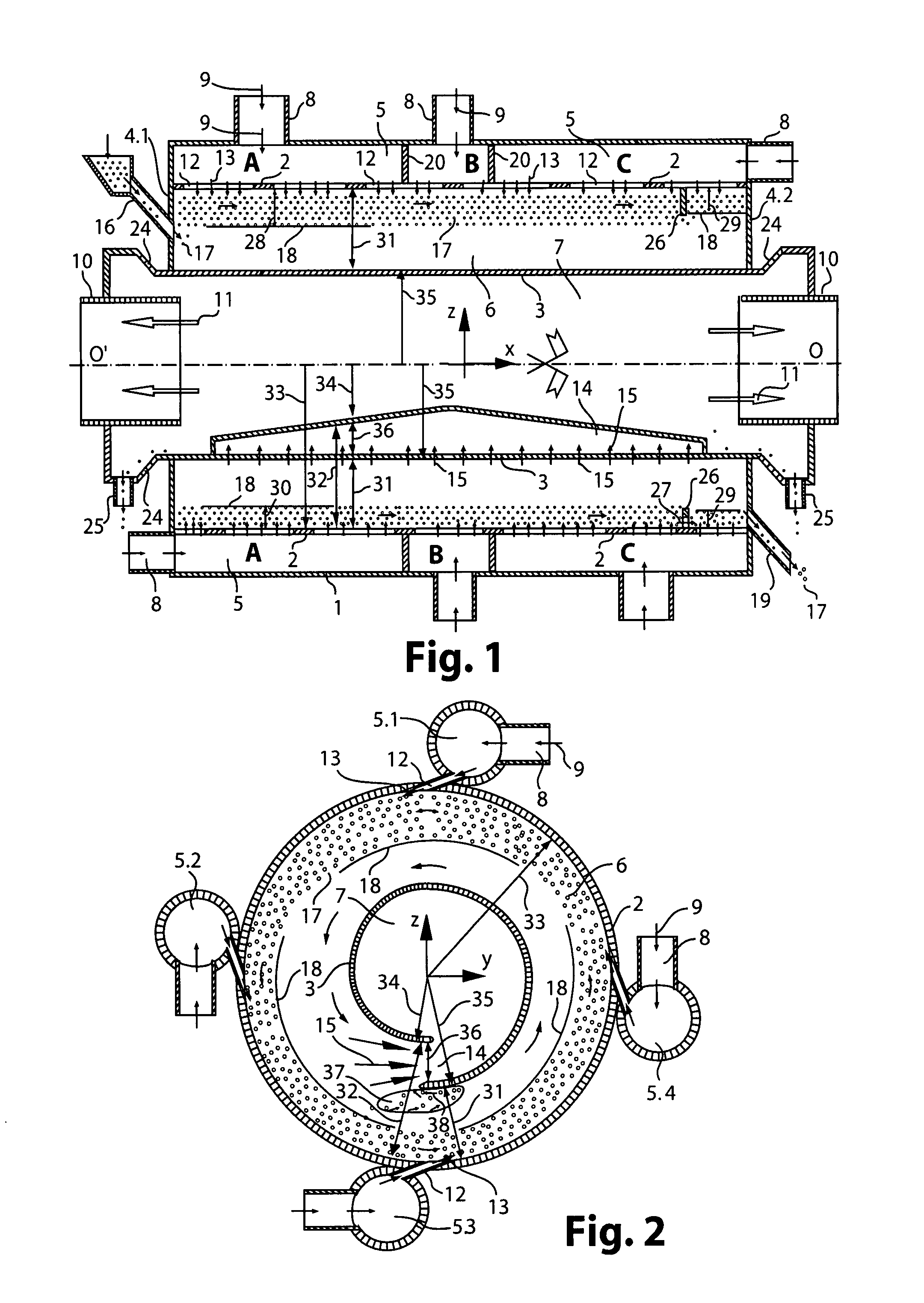 Rotary fluidized bed device and method for using said device