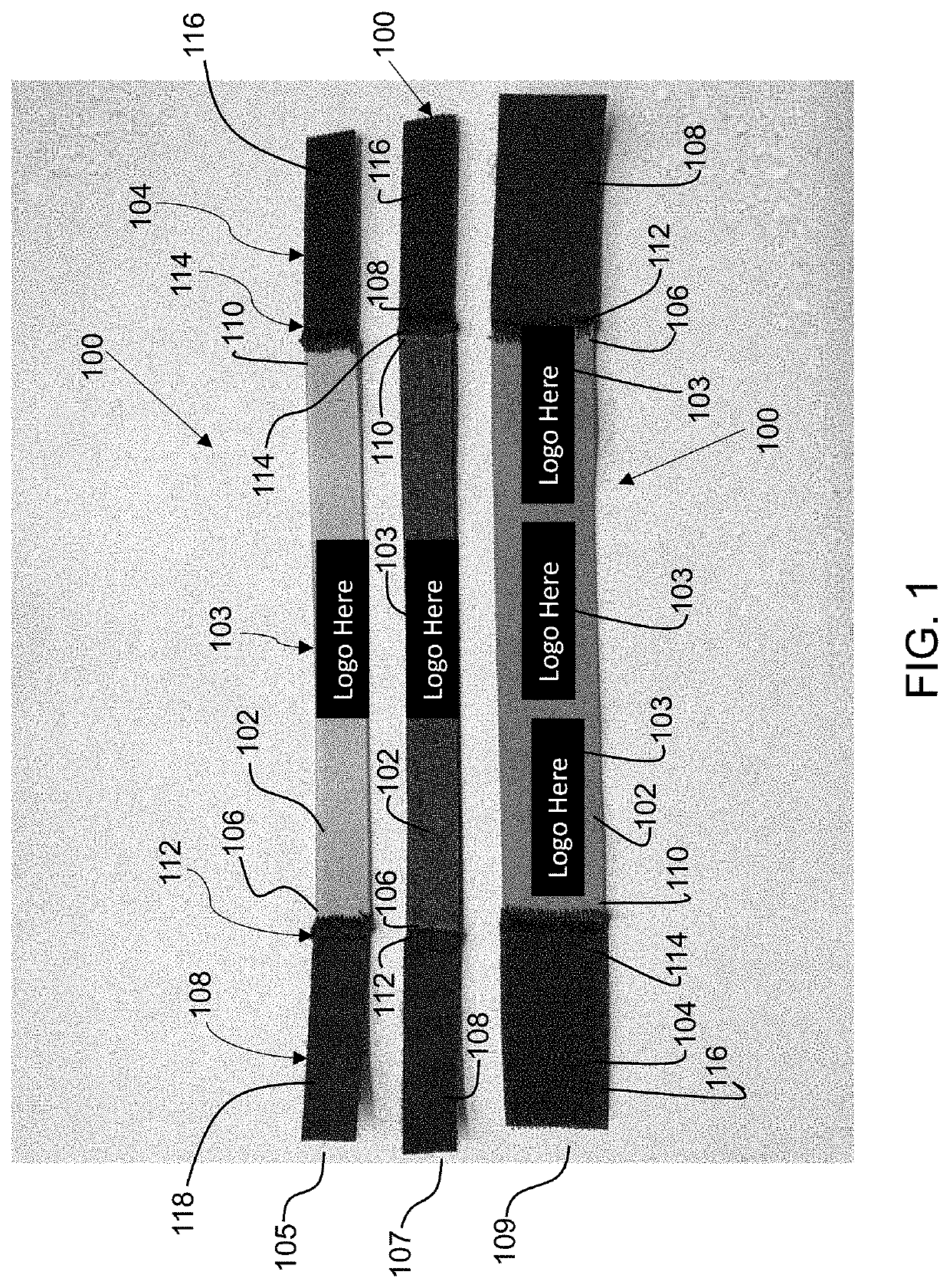 Mobile device elastomeric support strap with visibly identifiable expandable logo imprints