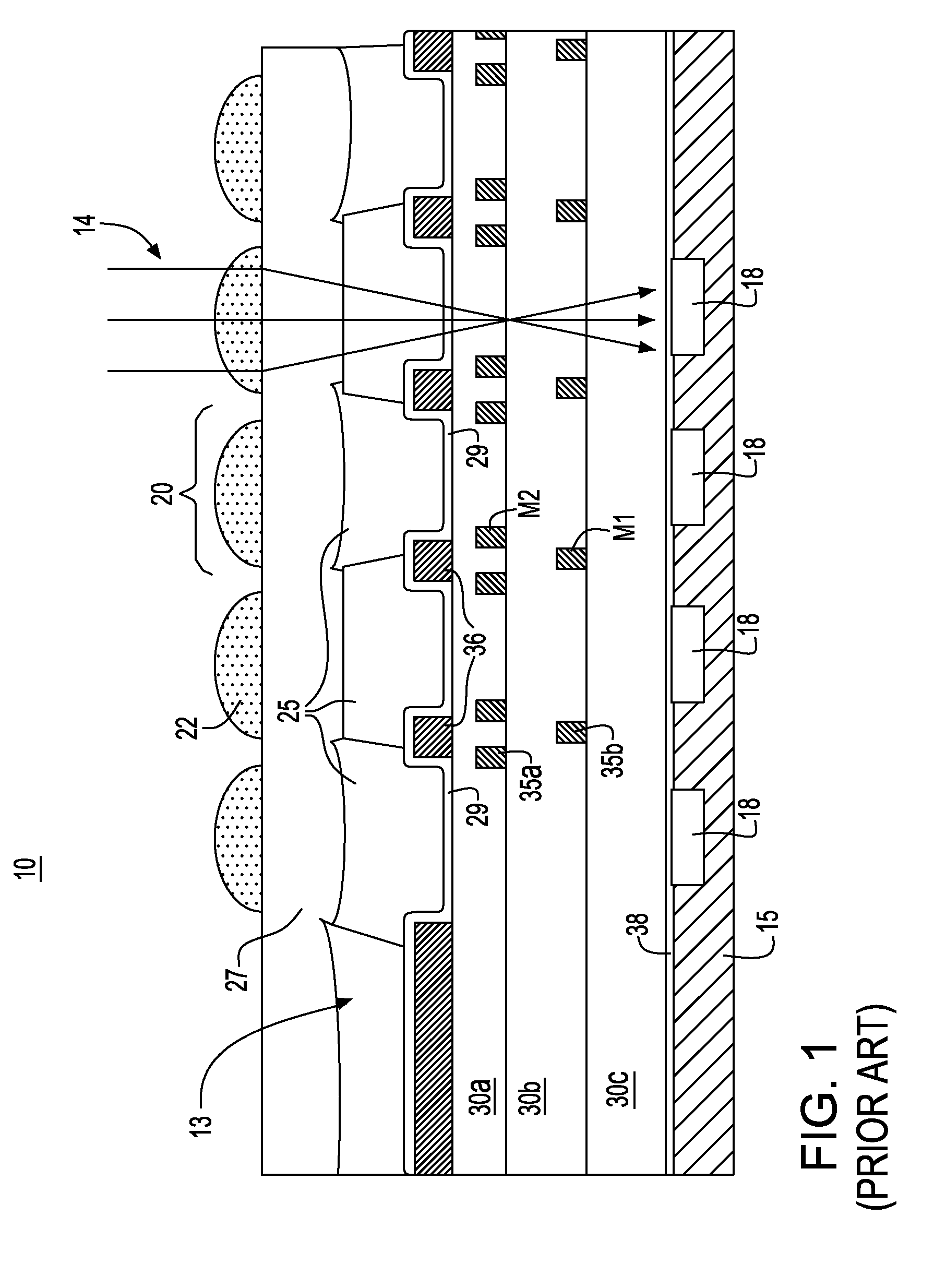 CMOS imager array with recessed dielectric