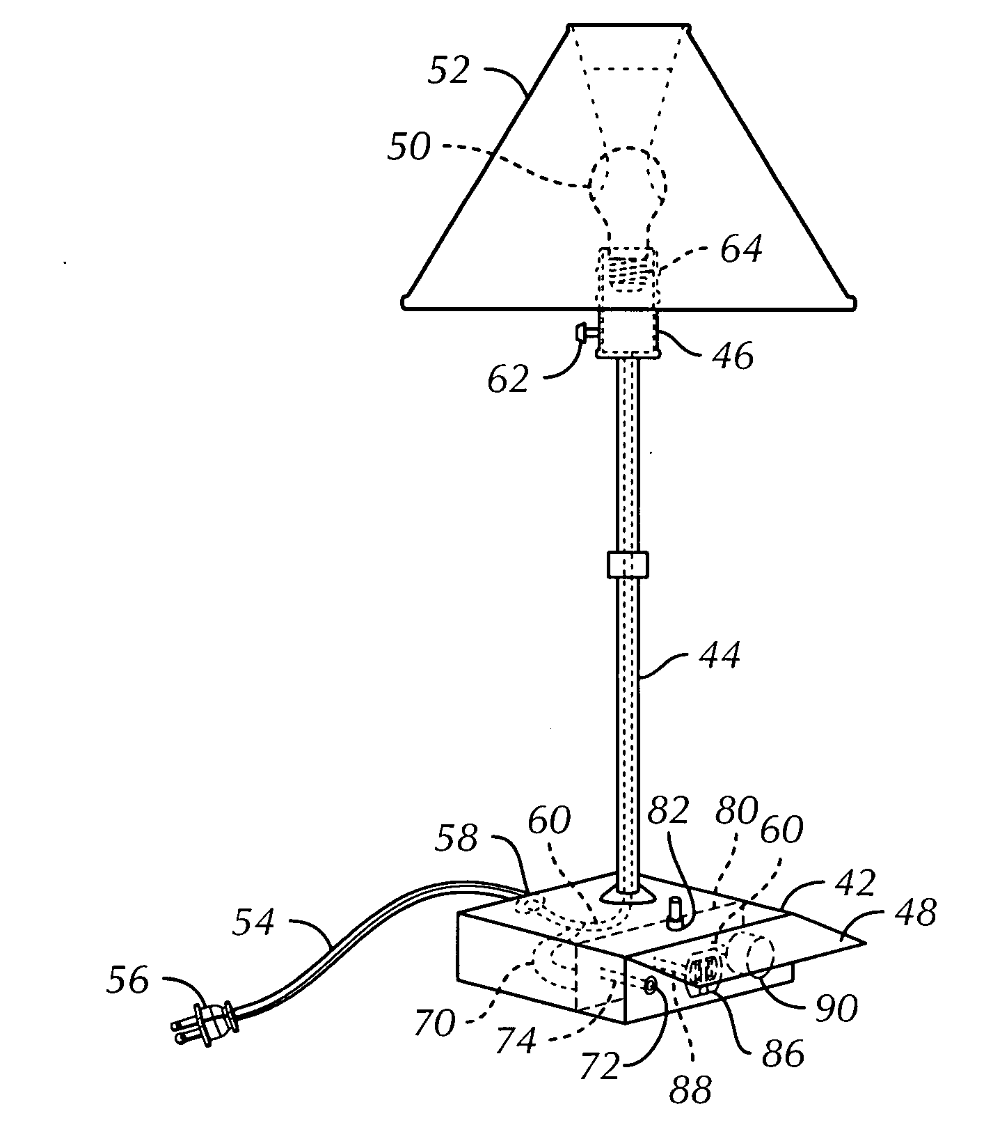 Lamp base with electrical device recharging receptacle and method