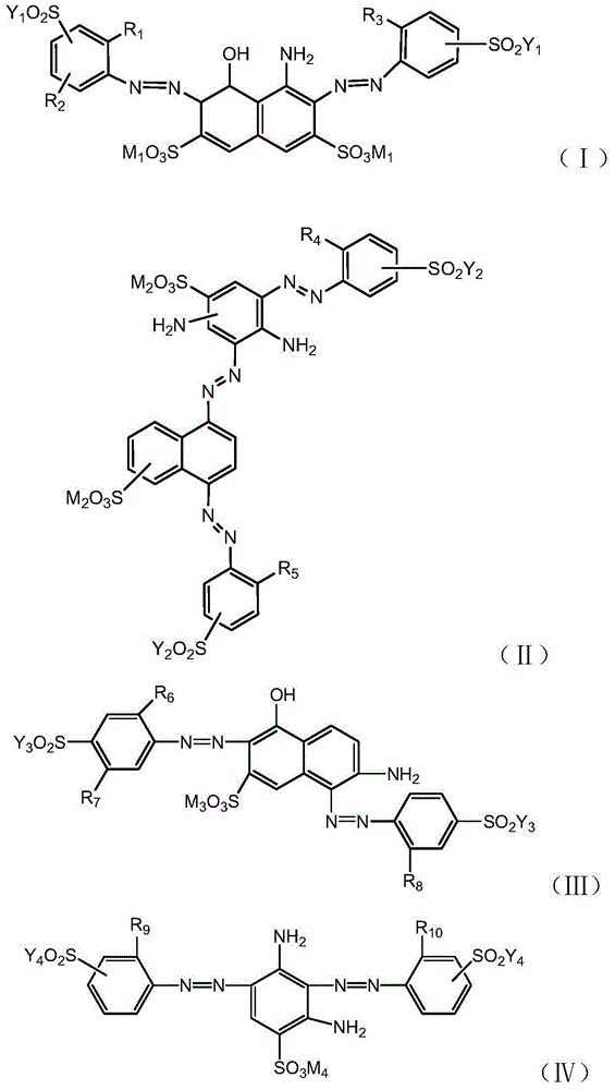 Active dye composition in dark blue to black and dye product