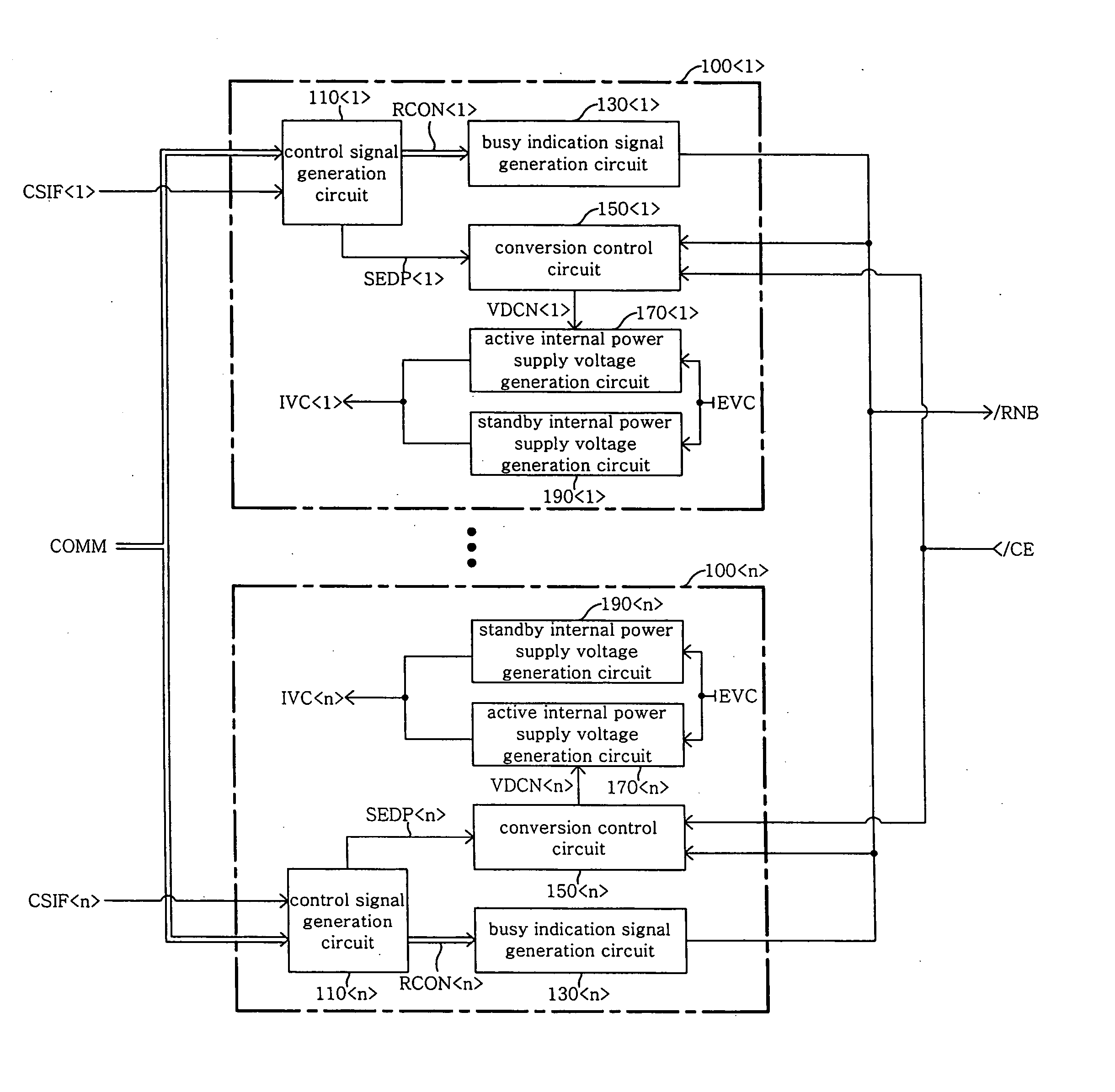 Multi-chip semiconductor memory device having internal power supply voltage generation circuit for decreasing current consumption