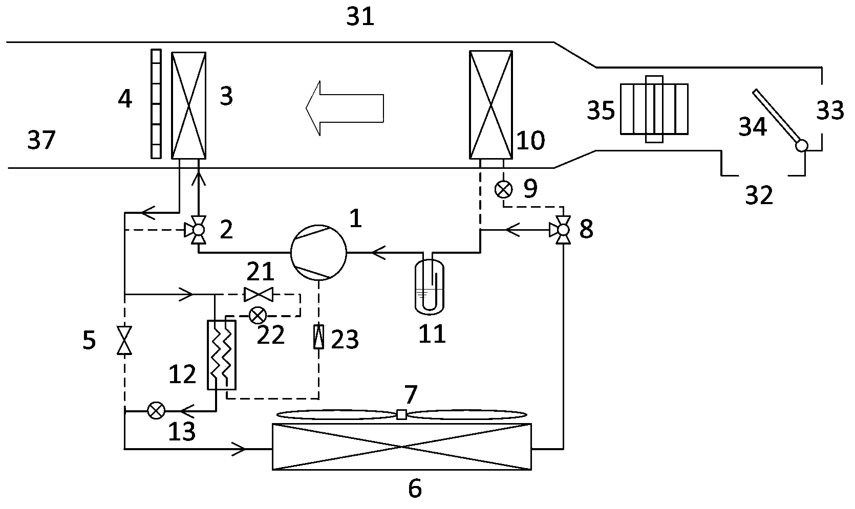 Electric car air conditioning system with air source heat pump