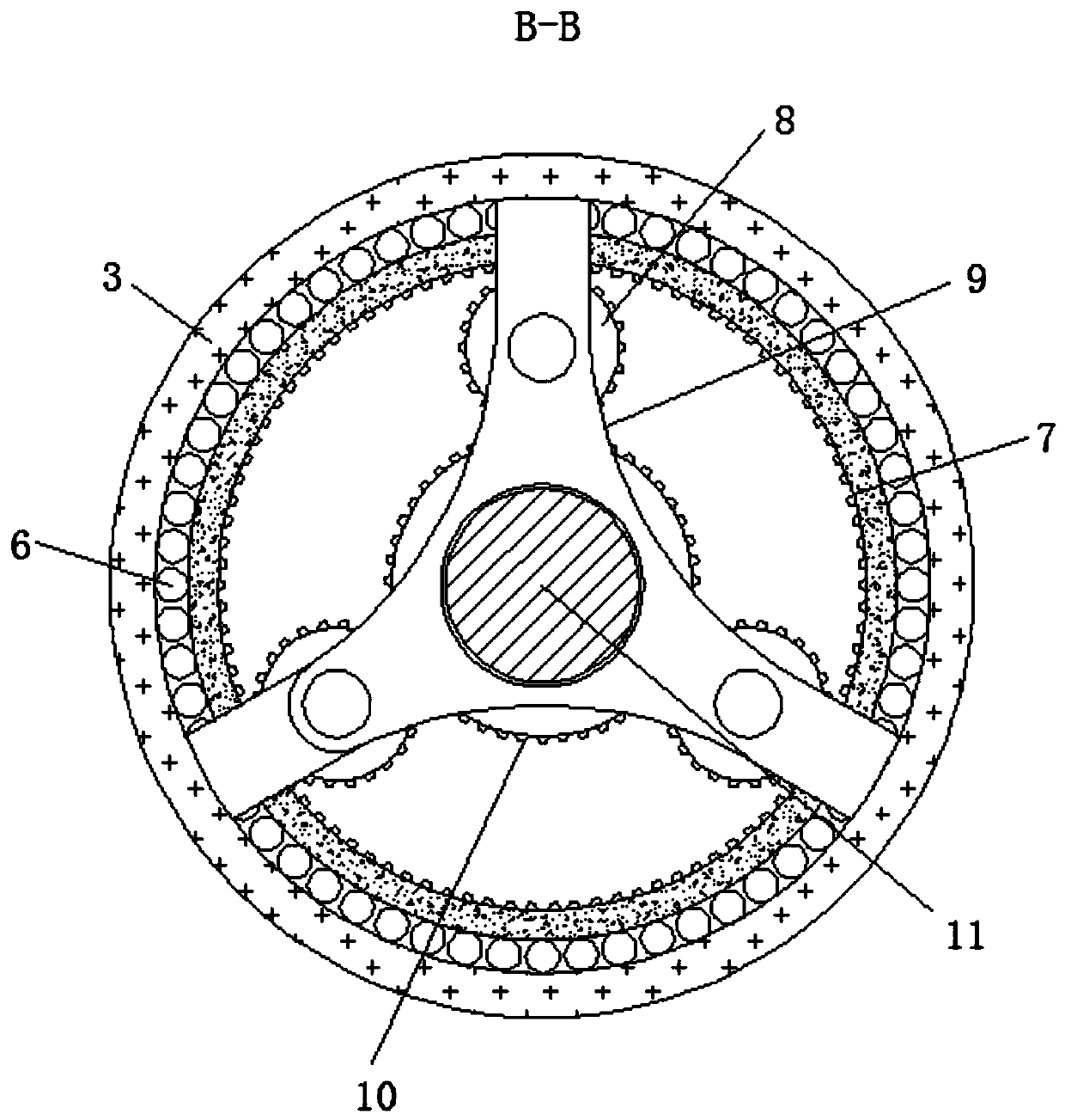 Sewage stirring treatment device utilizing planetary gear transmission principle