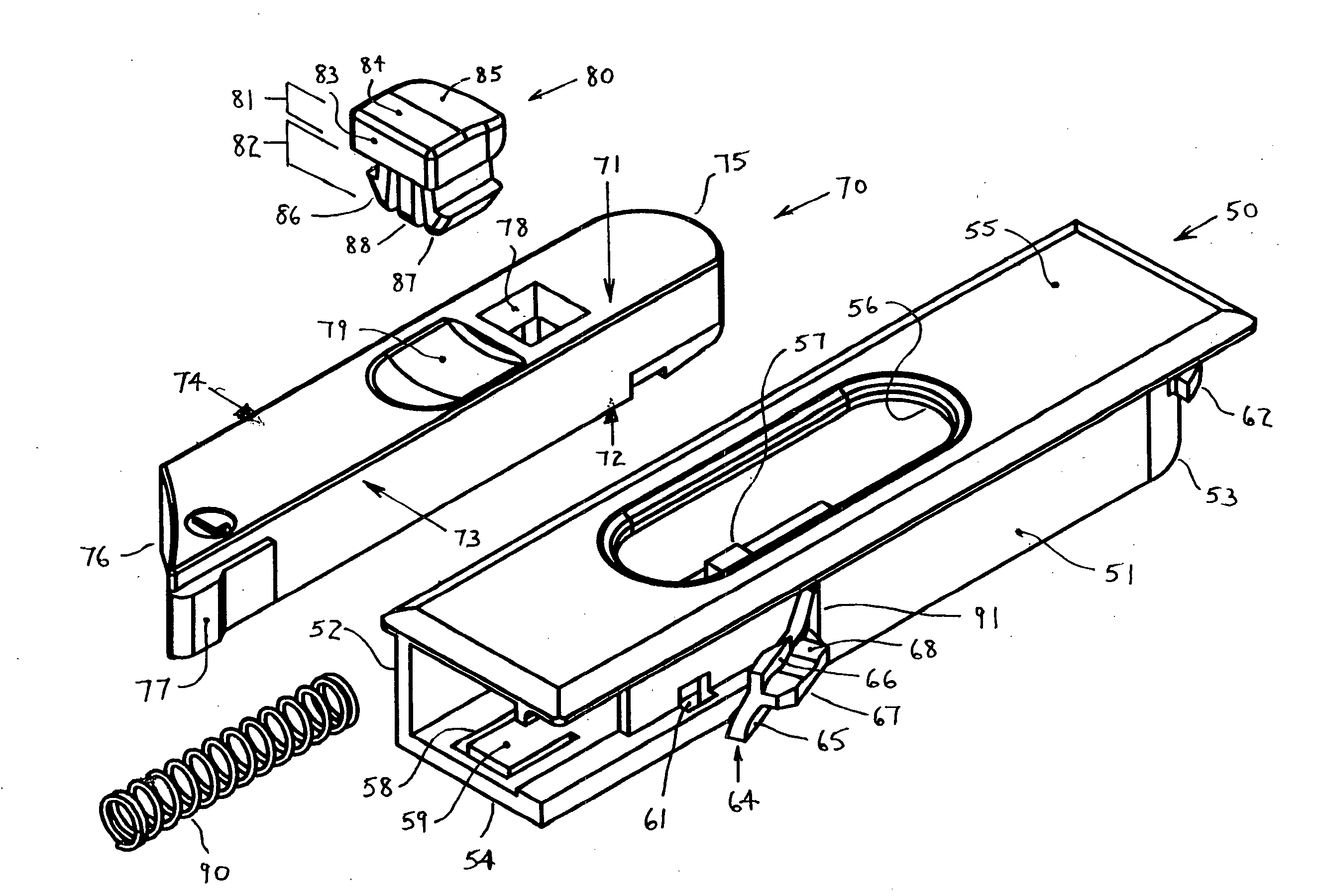 Tilt latch with cantilevered angular extension