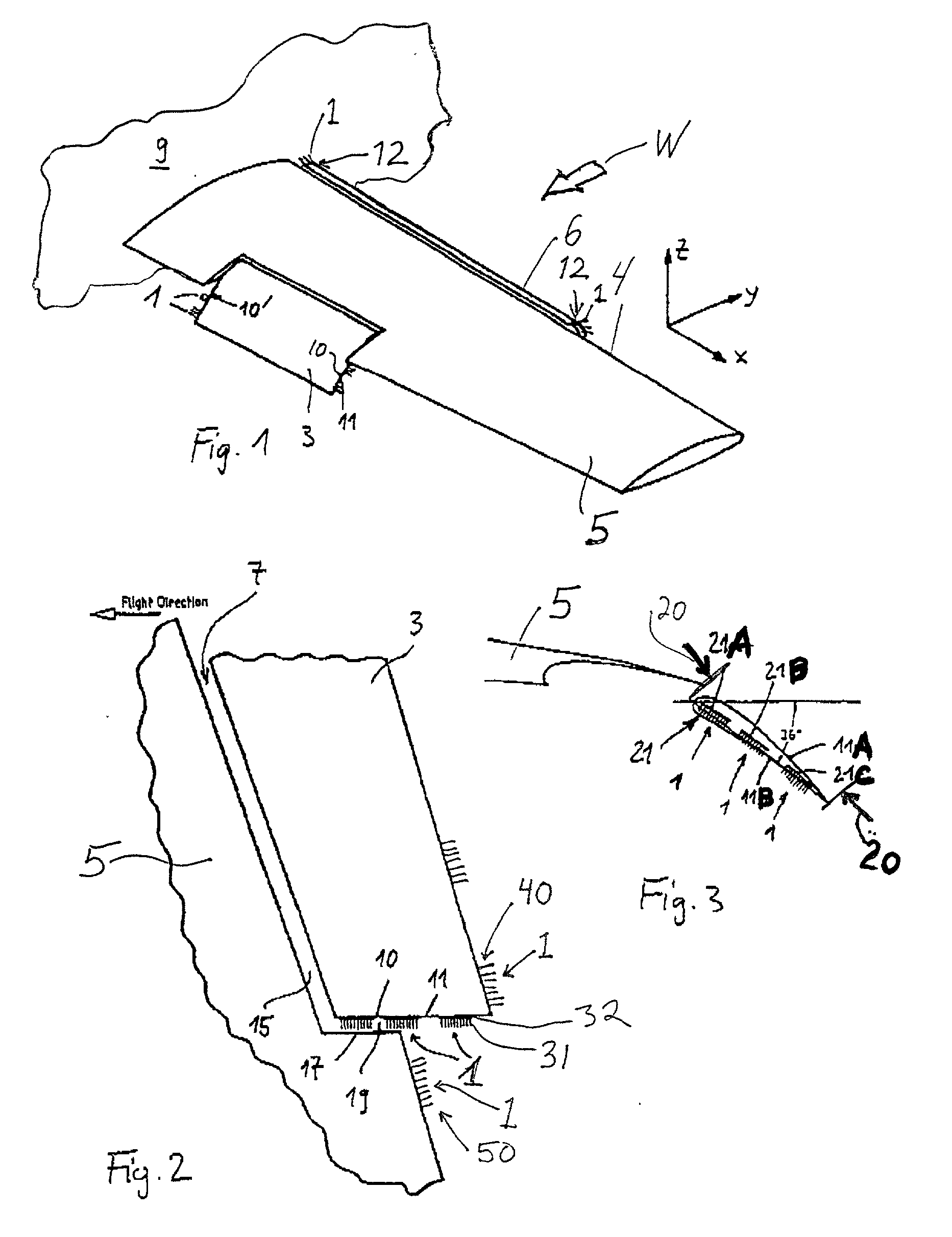 Noise reducing vortex generators on aircraft wing control surfaces