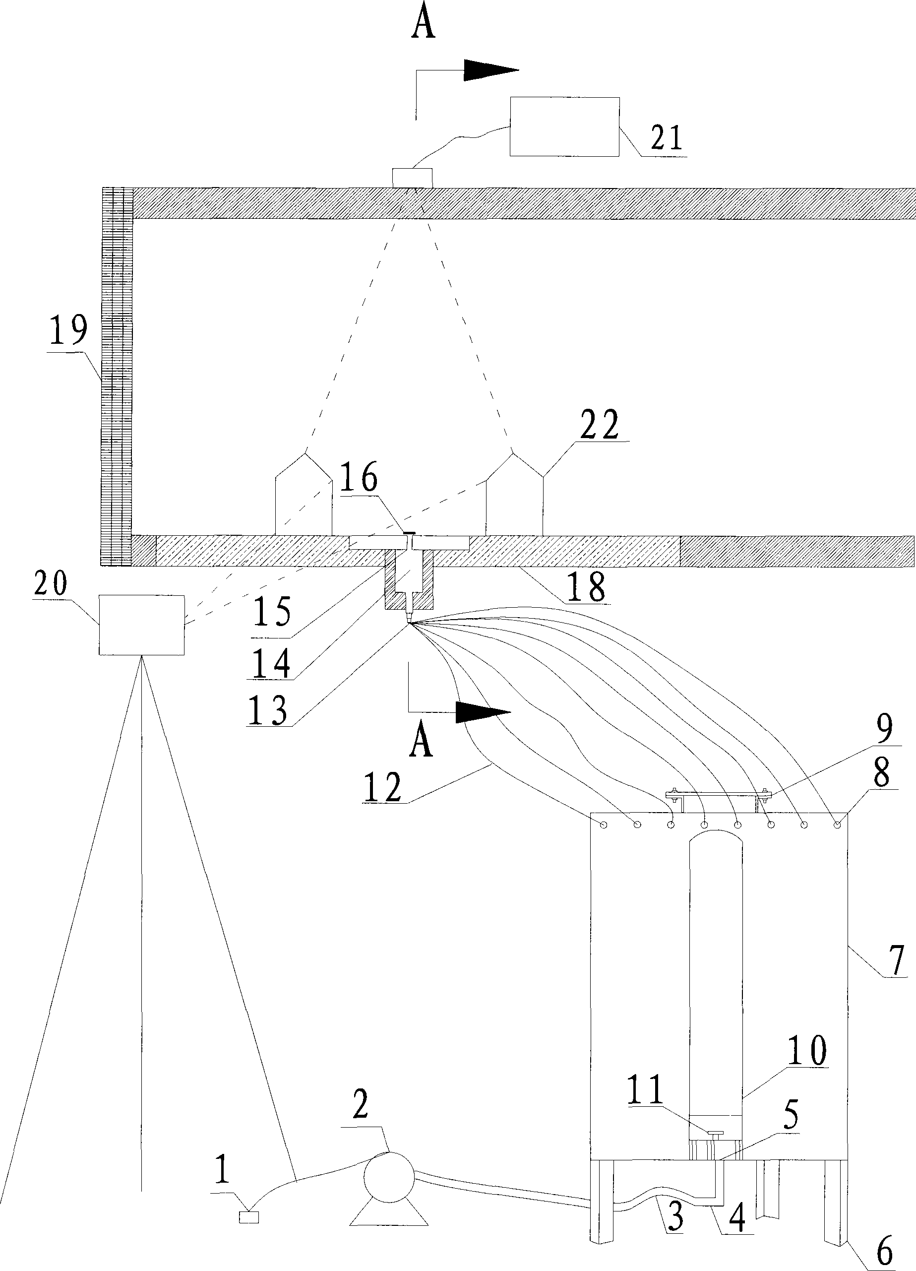 Linear colored contaminant eddy diffusion simulation system in large-sized environment air tunnel