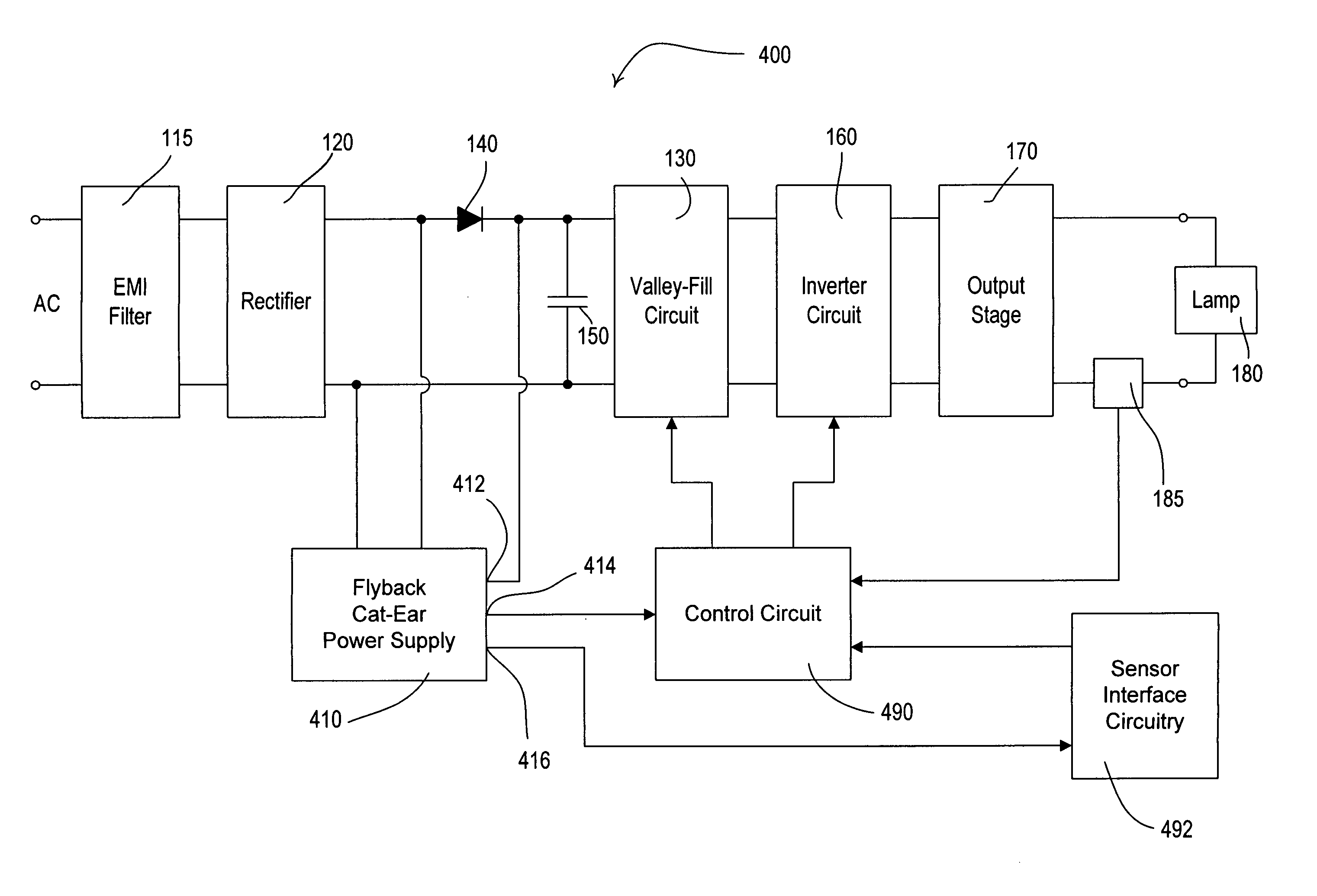 Electronic ballast having a flyback cat-ear power supply