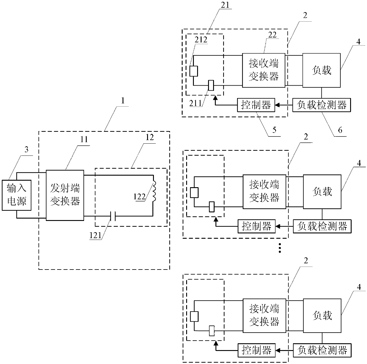 Multi-load wireless energy transmission device capable of automatically controlling