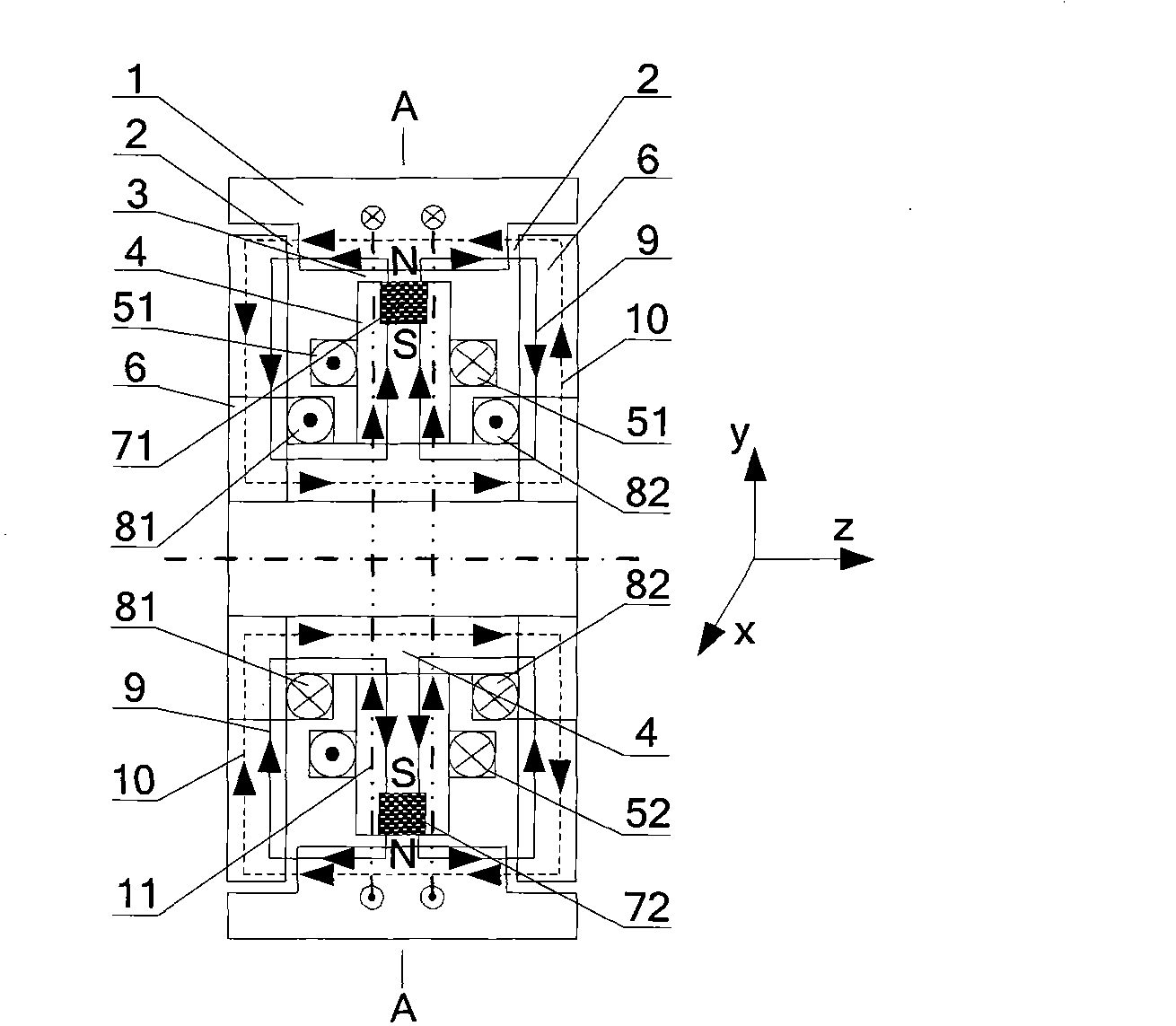 External rotor radial-axial three freedom degree mixed magnetic bearing