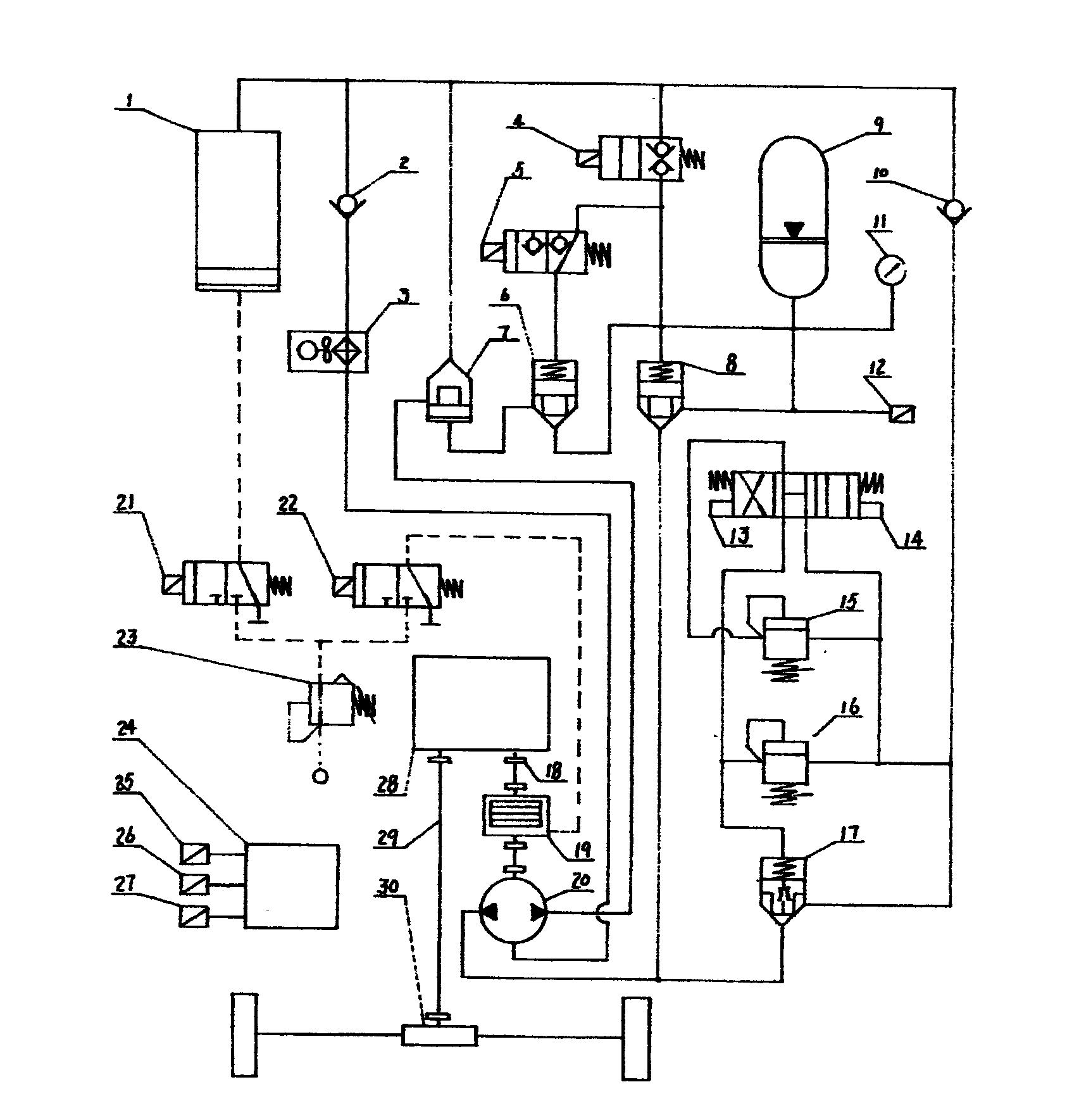 Hydraulic device with pneumatic pressurizing oil tank and for oil liquid hybrid power bus