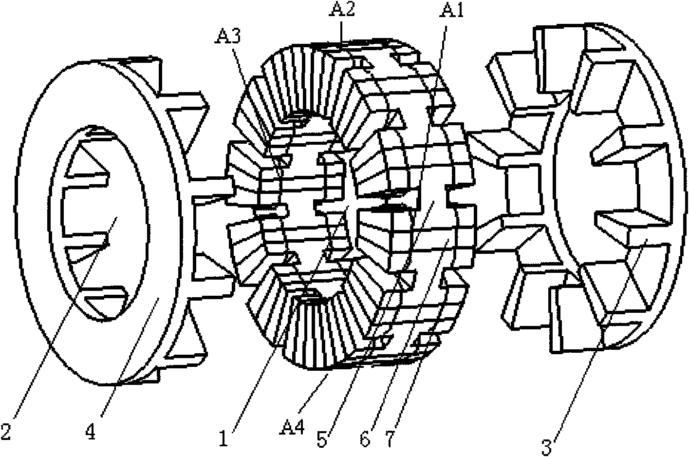 Magnetic flow switching type axial magnetic field magnetoelectric machine with middle stator structure