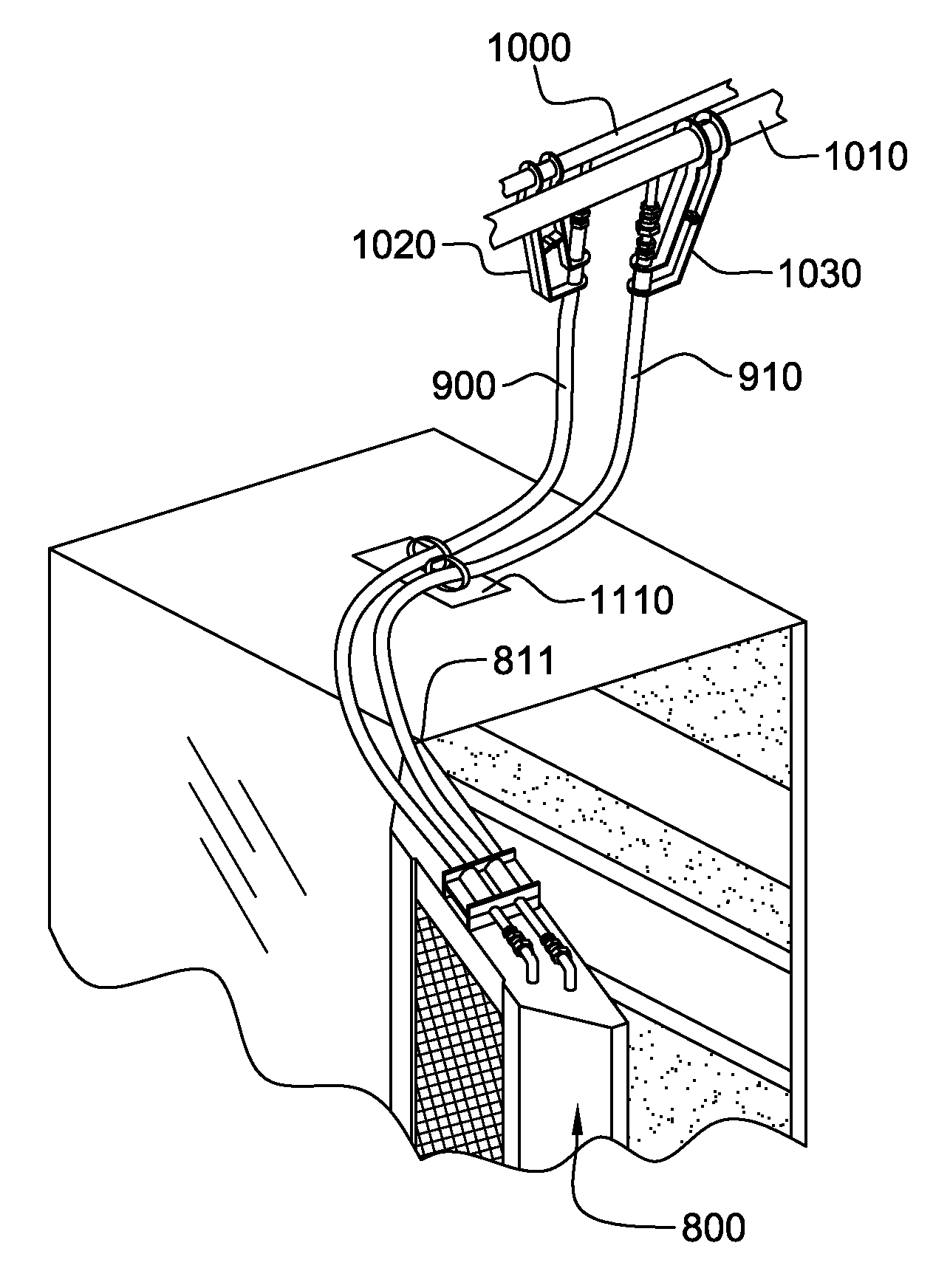 Stress relieved hose routing to liquid-cooled electronics rack door