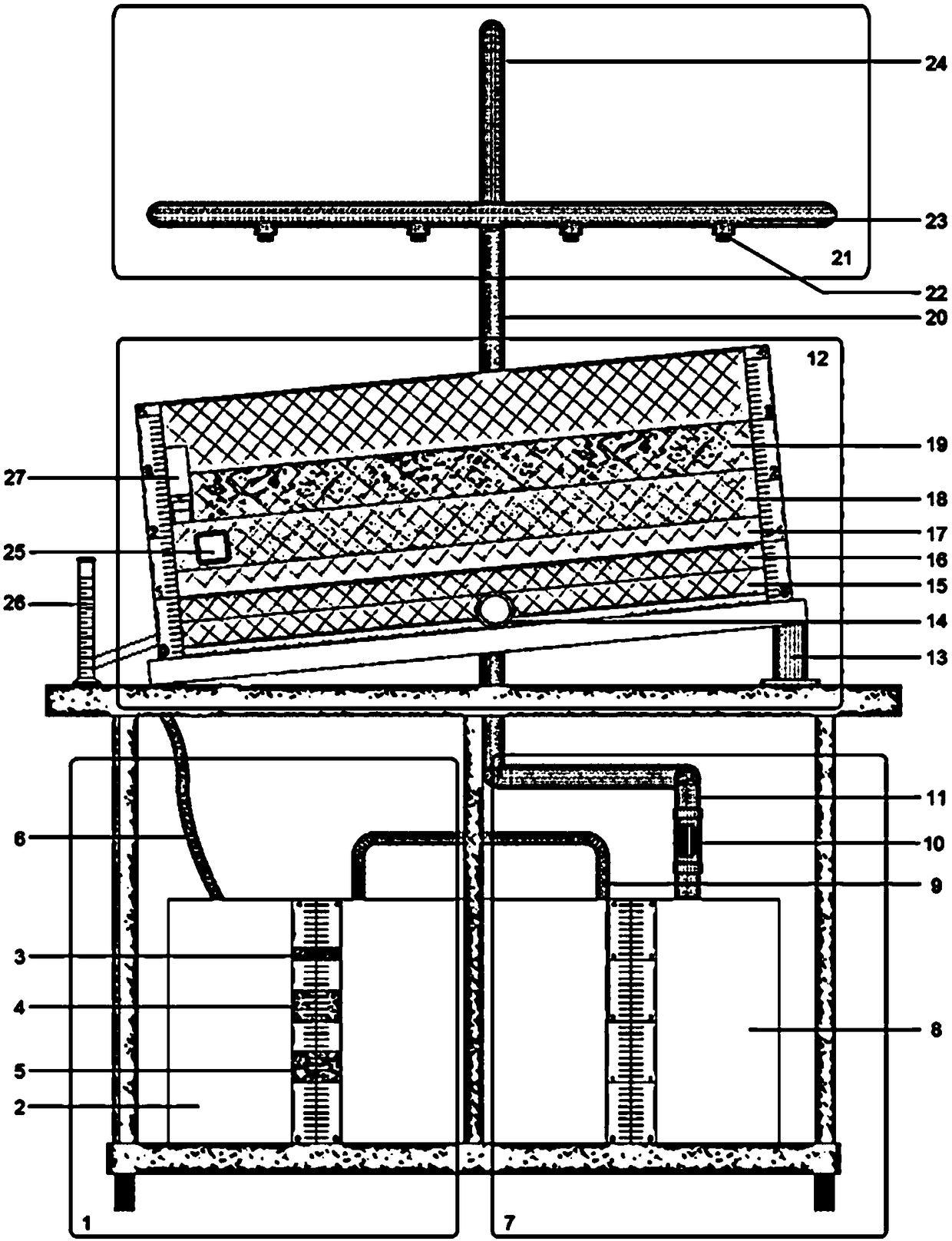 Testing device for roof greening rainwater detention storage performance of sloping roof and testing method