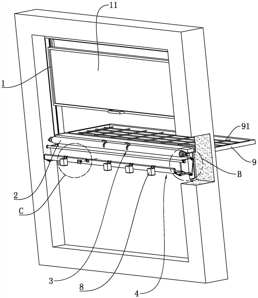 Window frame with escape handle rod