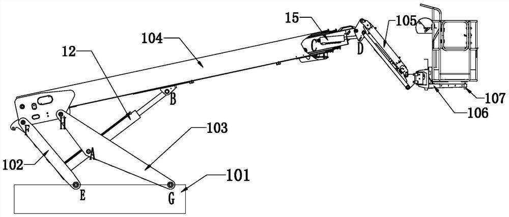 Amplitude-changing leveling hydraulic control system for boom type aerial work platform