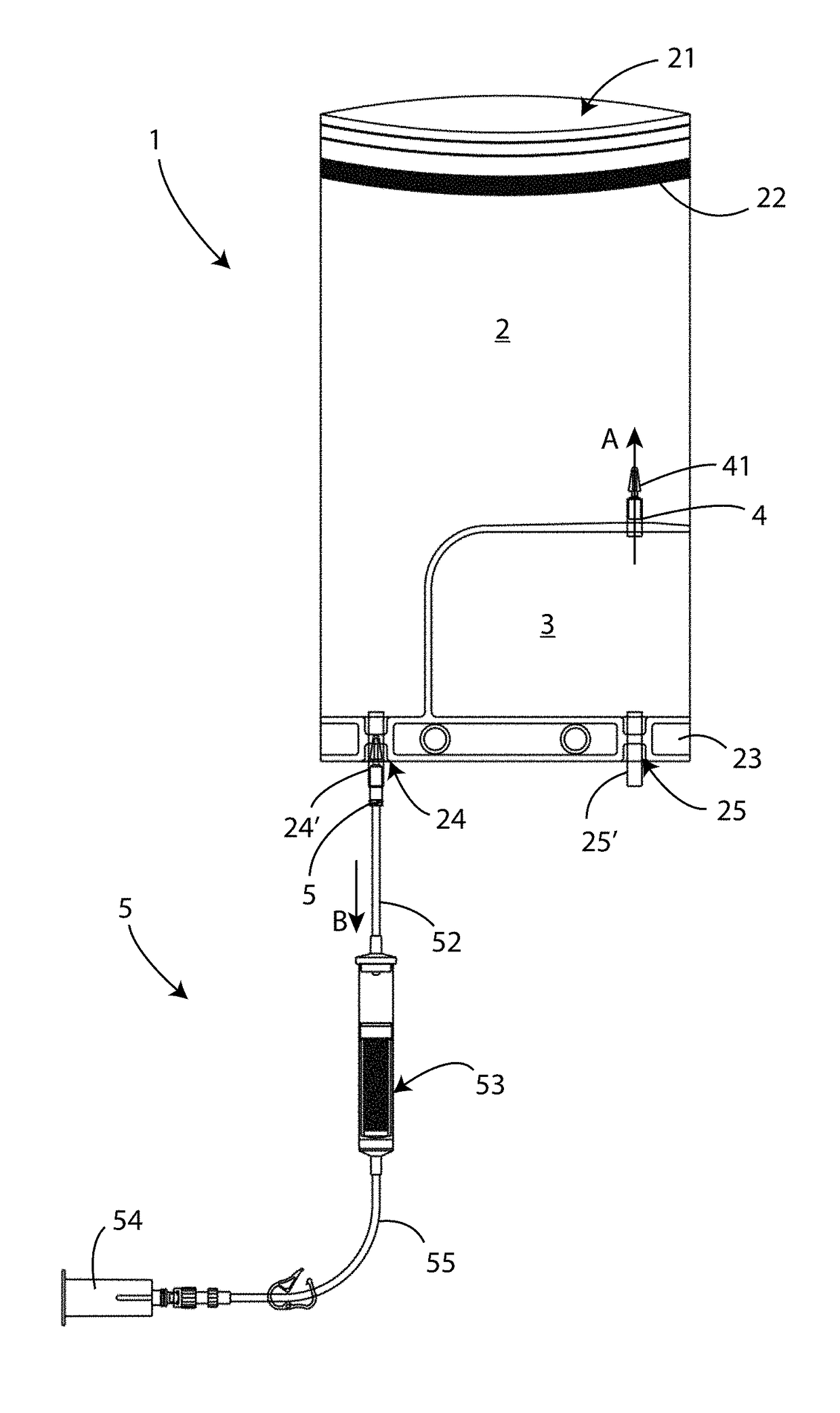 Closed circuit sterile device and method of collection, transport and processing in total sterile chain