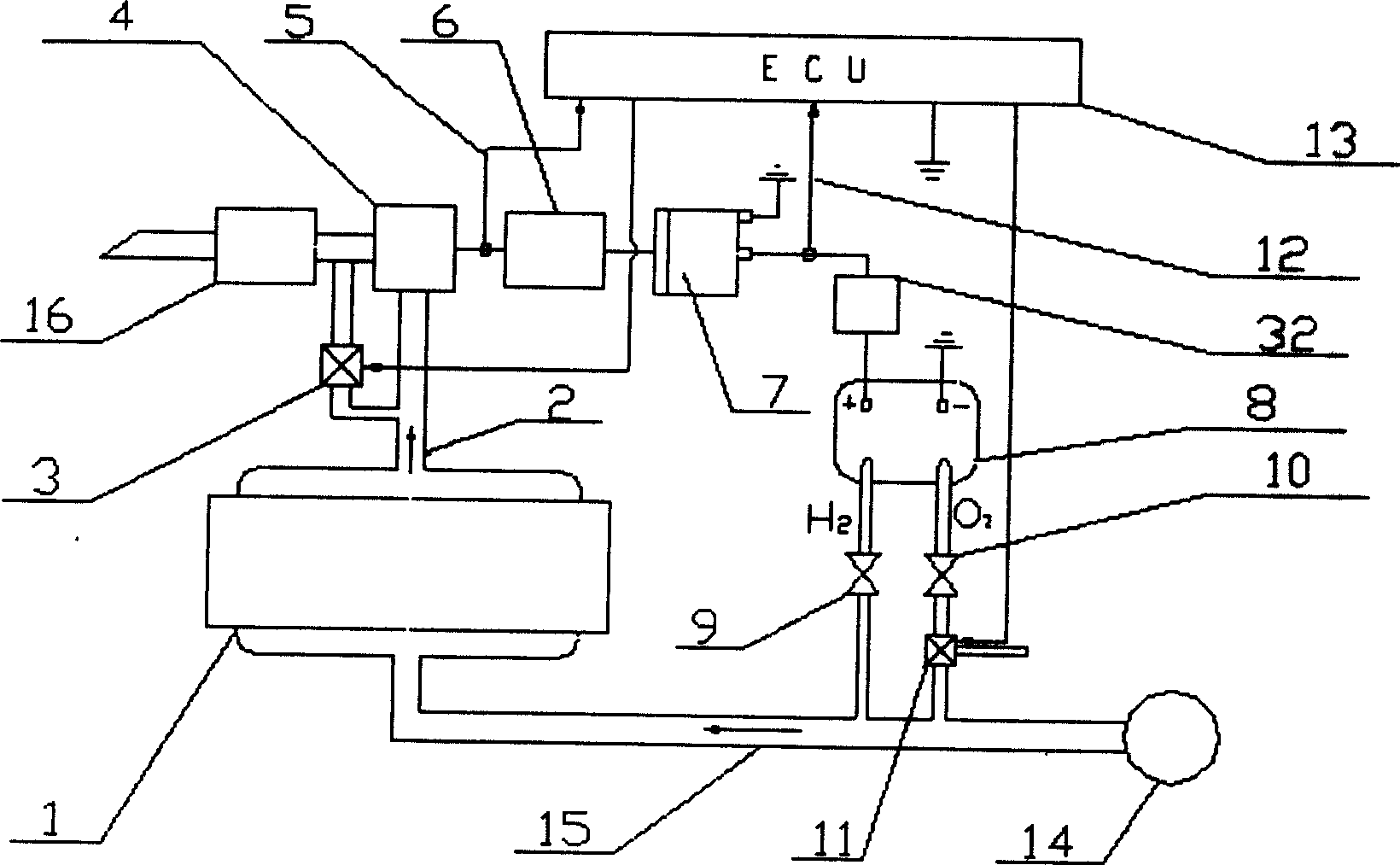 Power generating and hydrogen producing method and unit utilizing waste gas of internal combustion engine