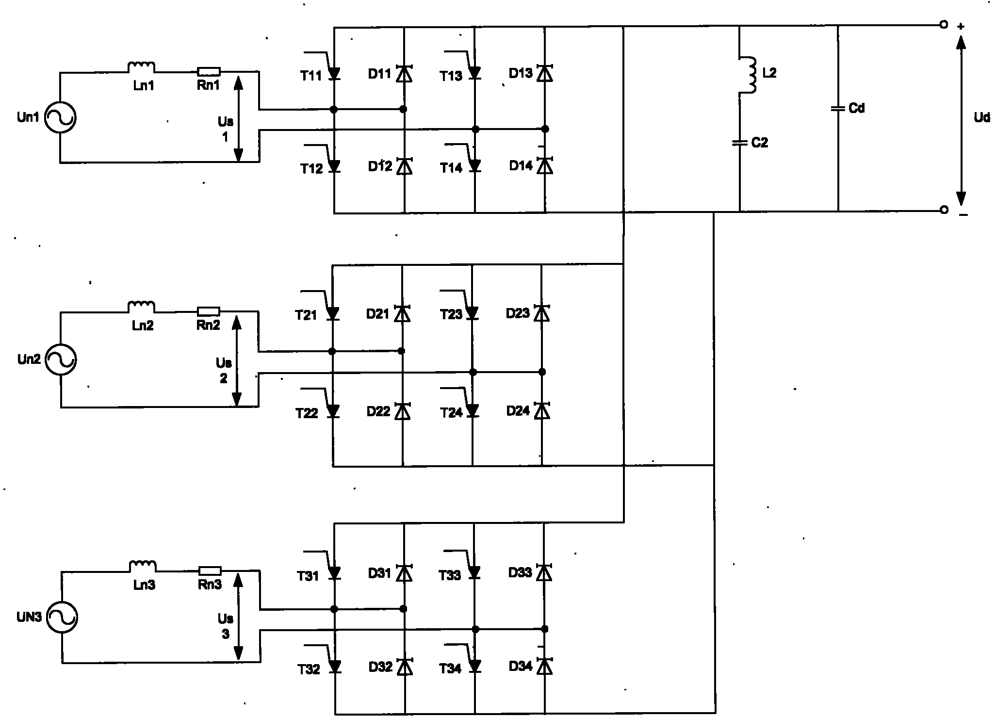 Triple four-quadrant rectifier simulation method