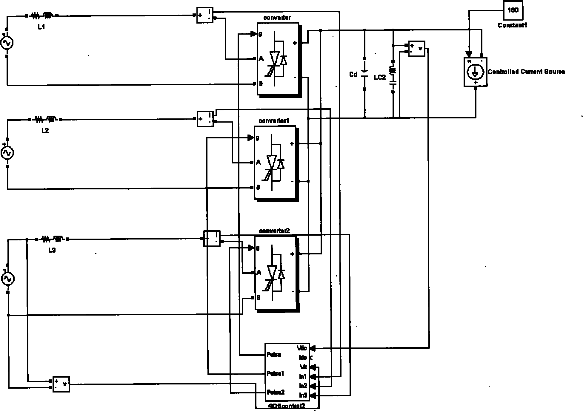 Triple four-quadrant rectifier simulation method