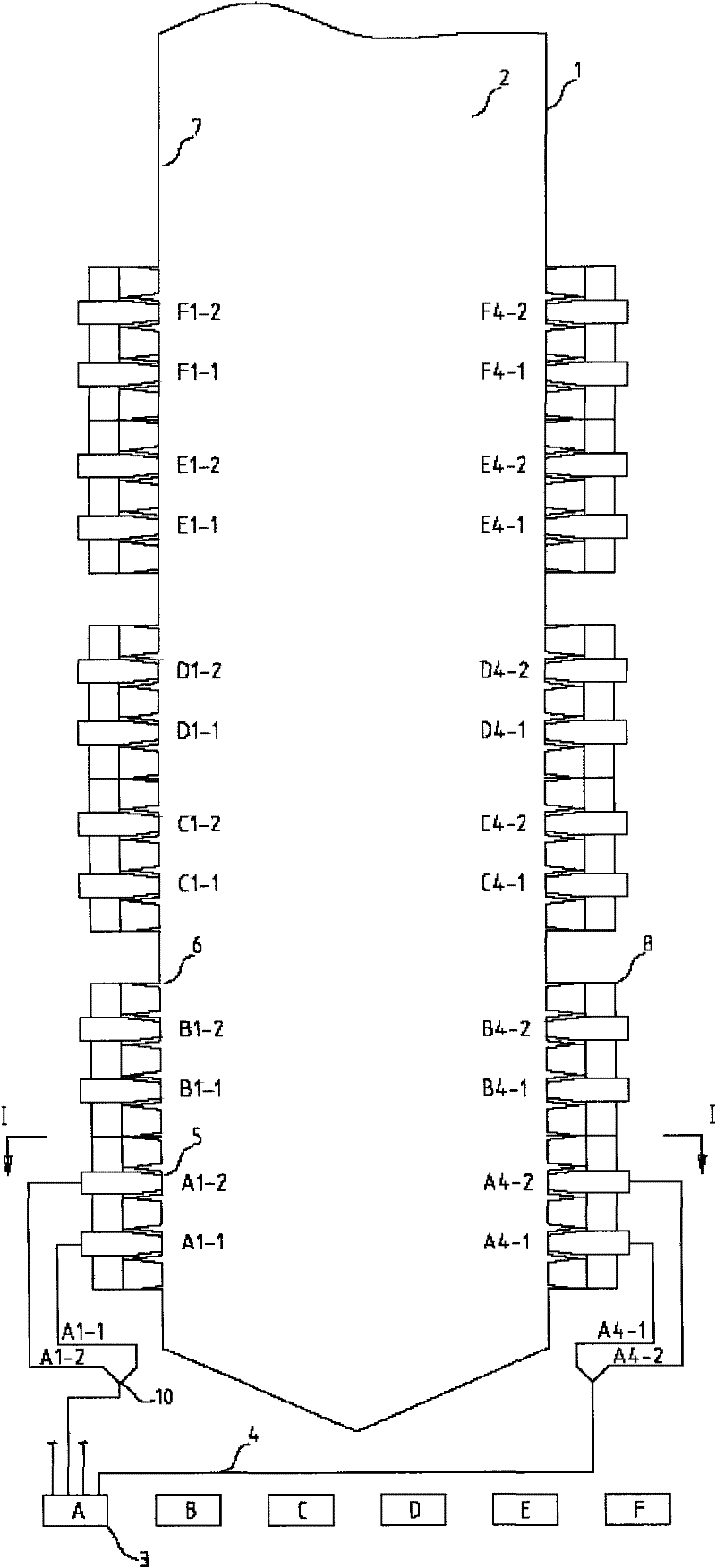 Hexagonal or octagonal tangential arrangement of anthracite burning single-fireball direct-flow combustors