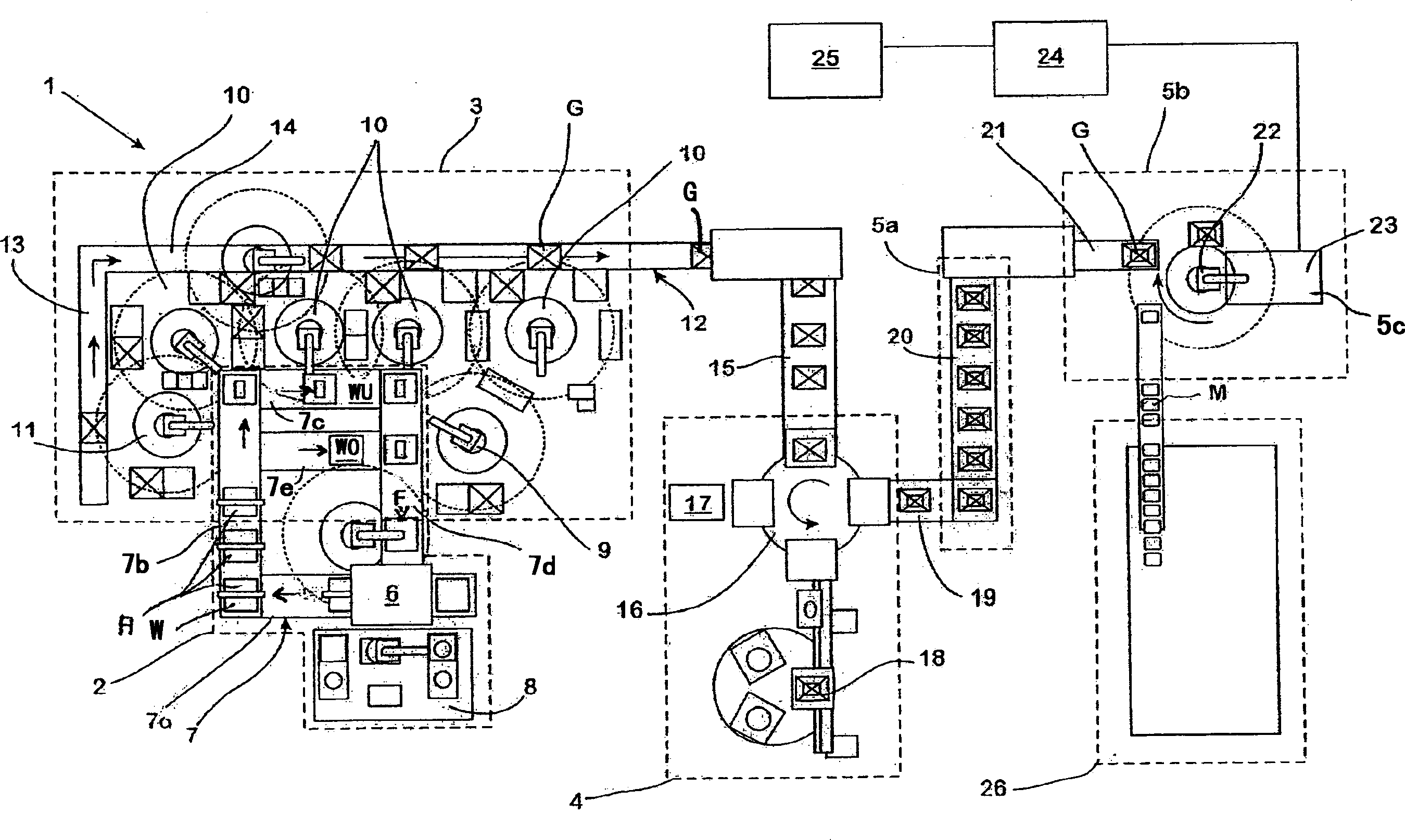 Production line and method for the continuous production of cast parts from a molten metal, in particular a molten light alloy