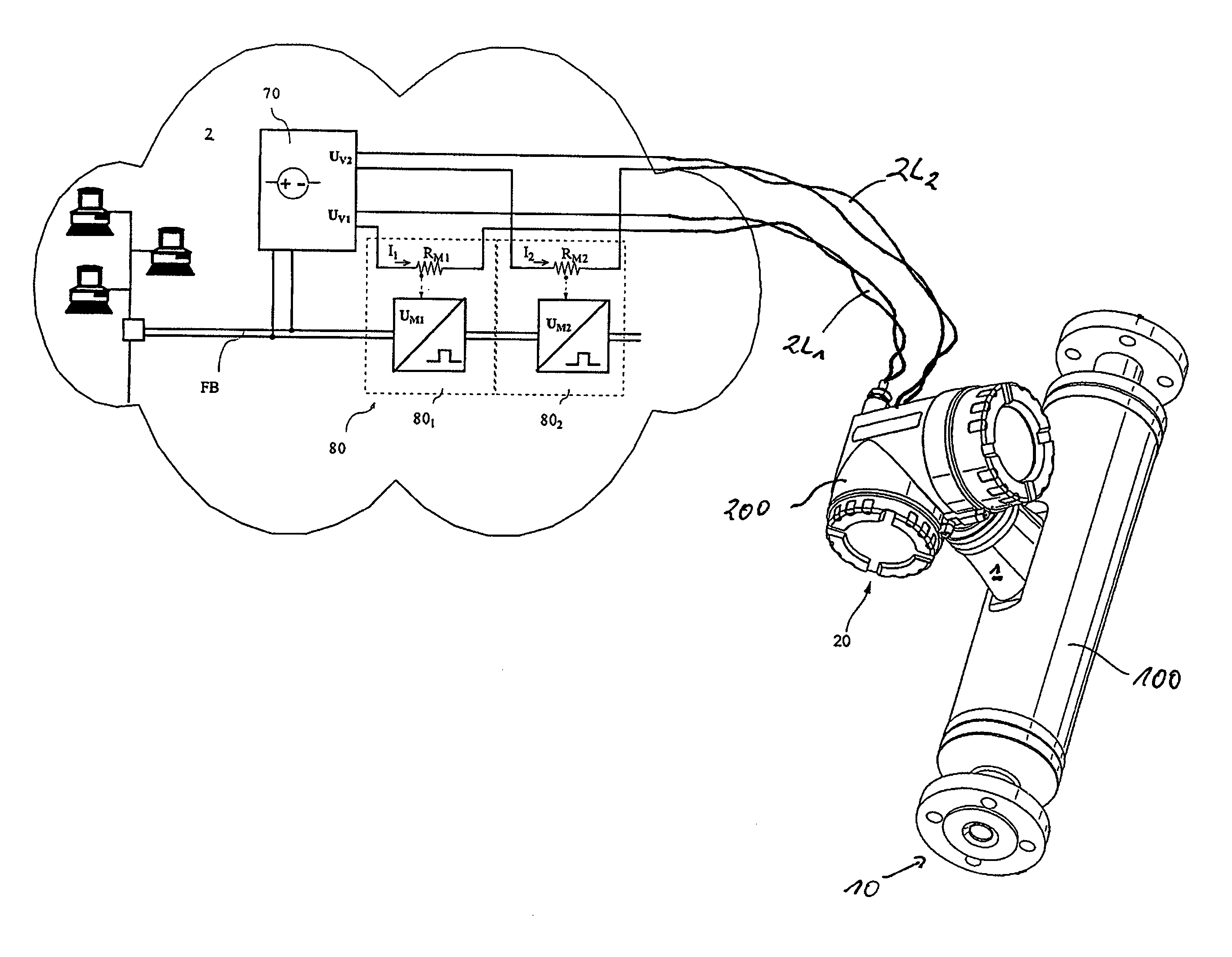 Measuring arrangement for registering chemical and/or physical, measured variables, as well as measuring device therefor