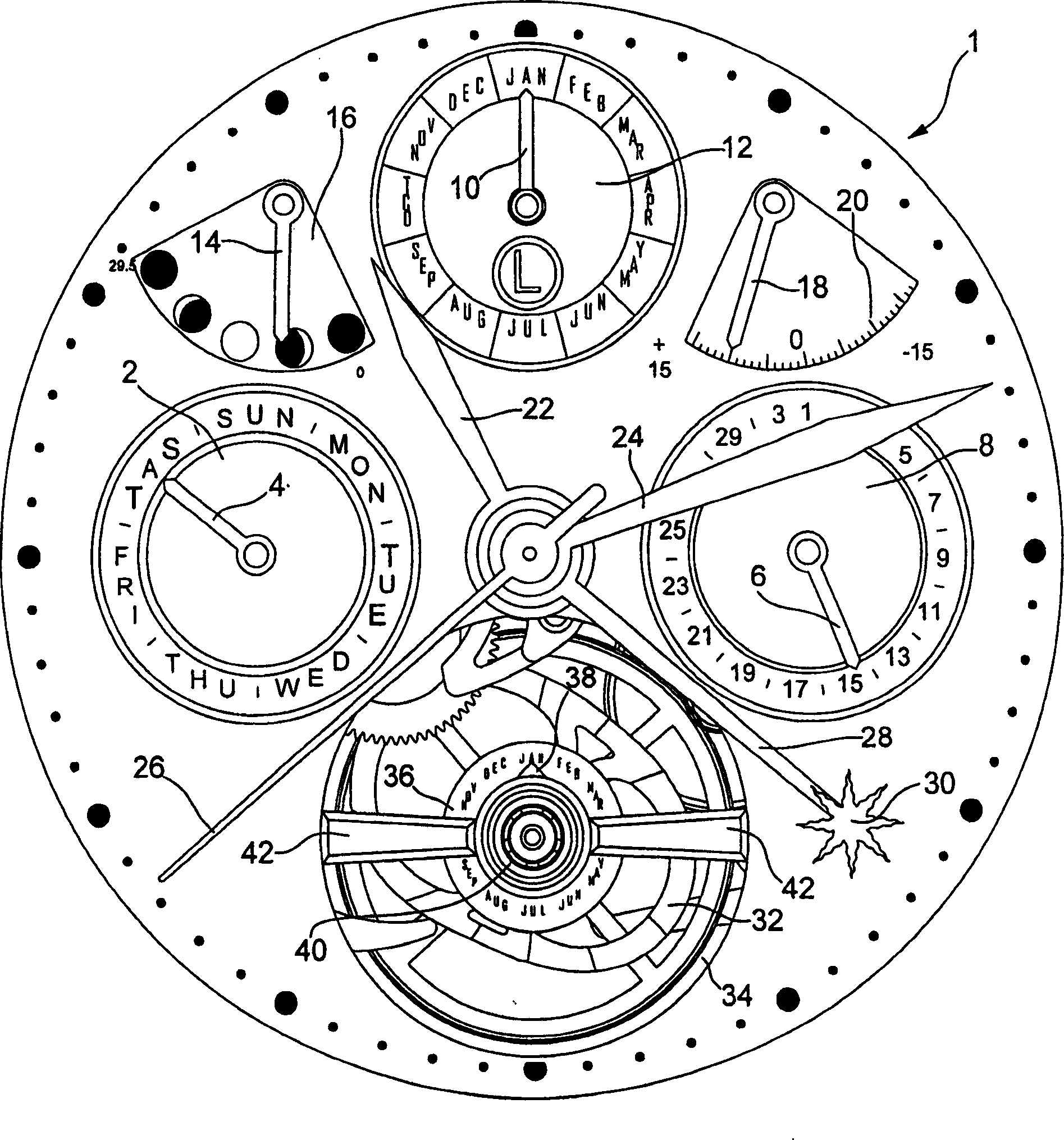 Date-display chronometer comprising time-difference operation device