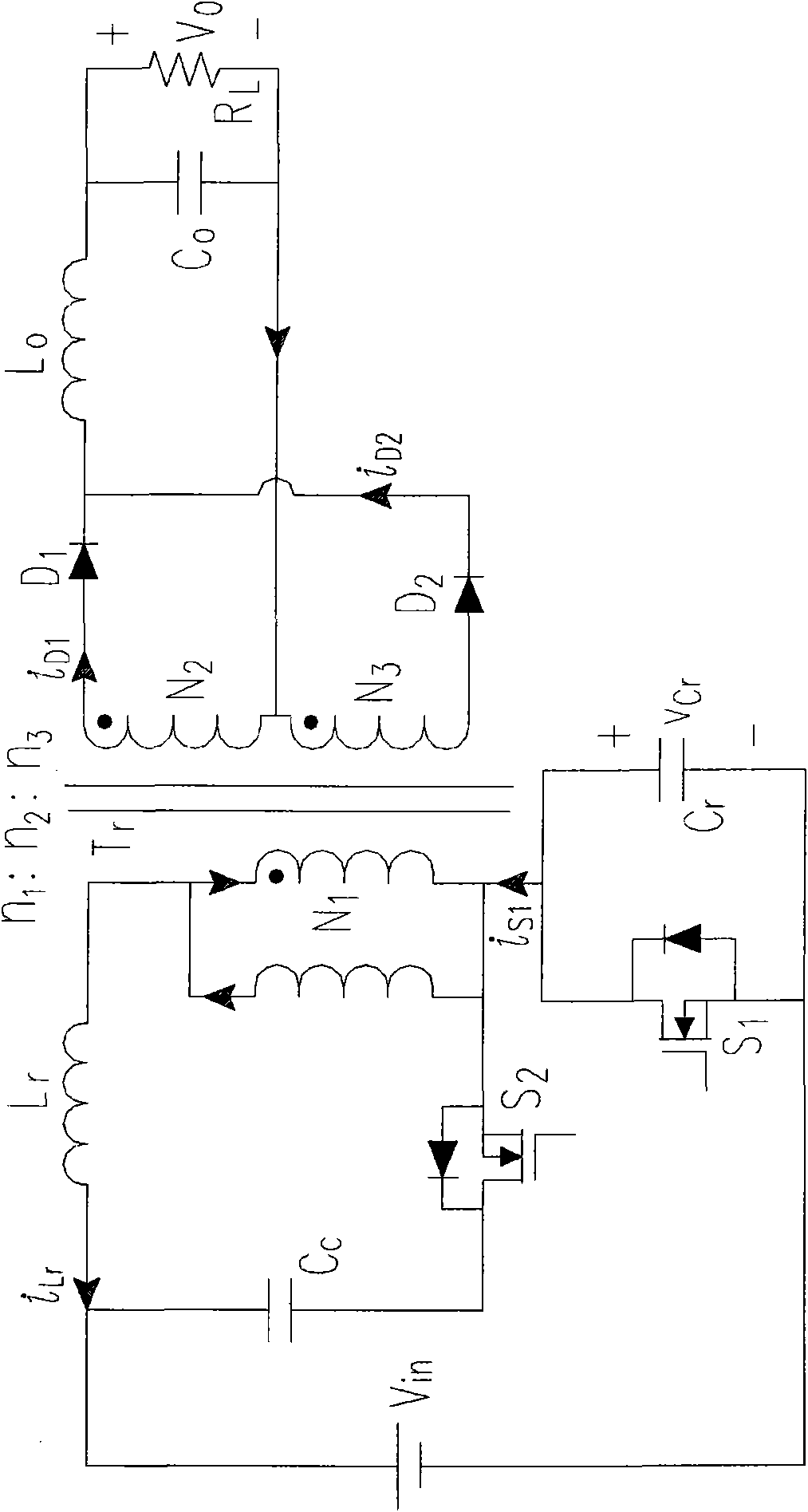 Forward-flyback converter with active clamping circuit