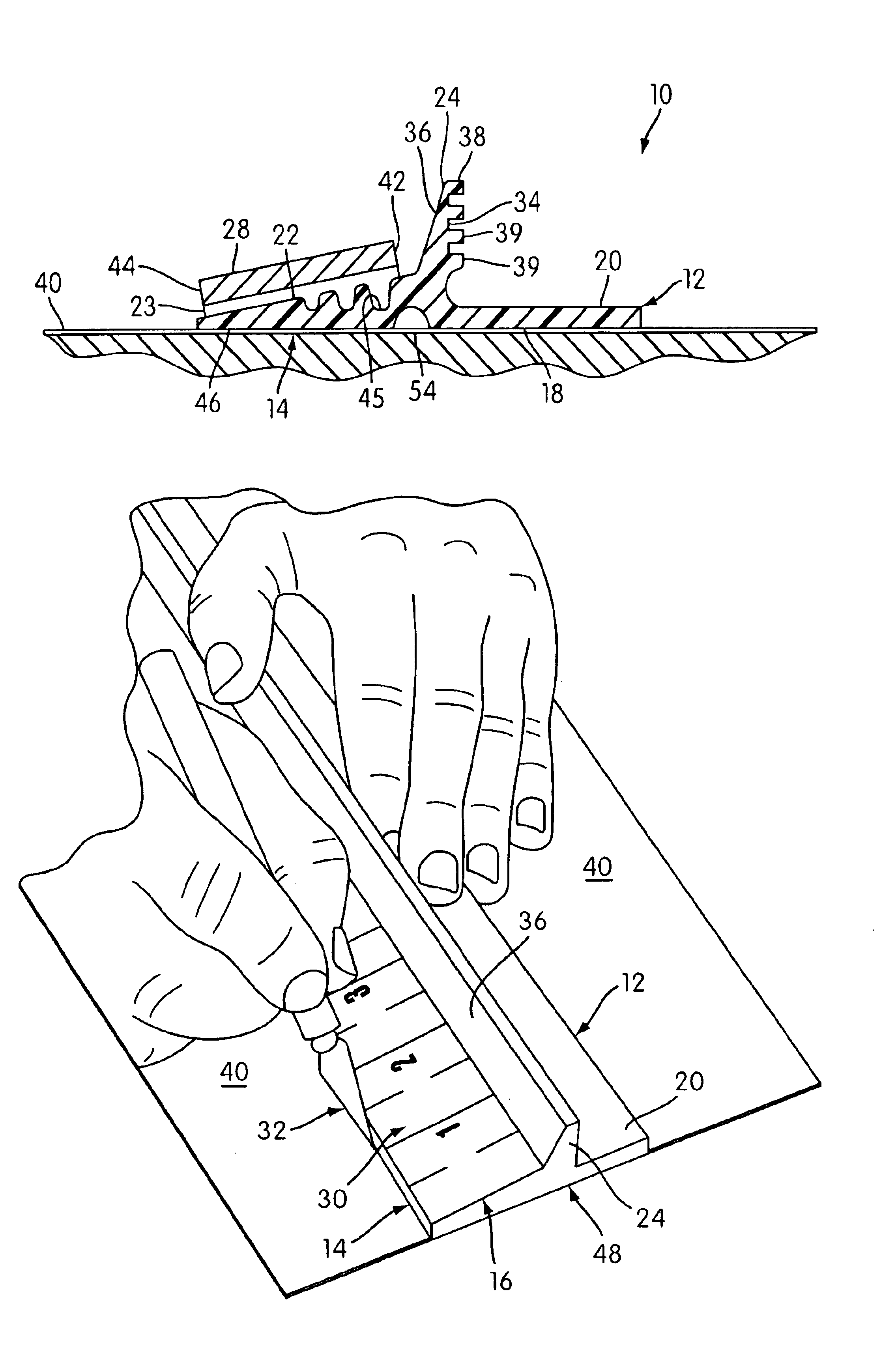 Straight edge to facilitate holding and measuring and to provide protection when cutting