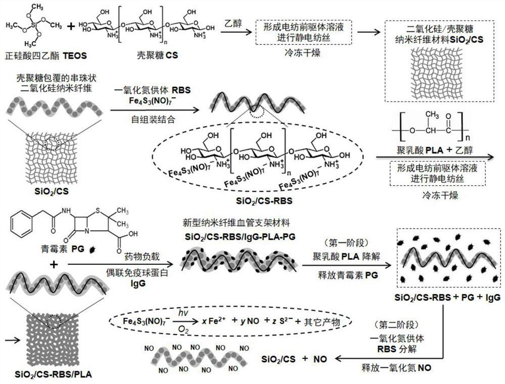 Novel nano fiber vascular stent material with double-drug loading and staged slow release functions and preparation method of thereof