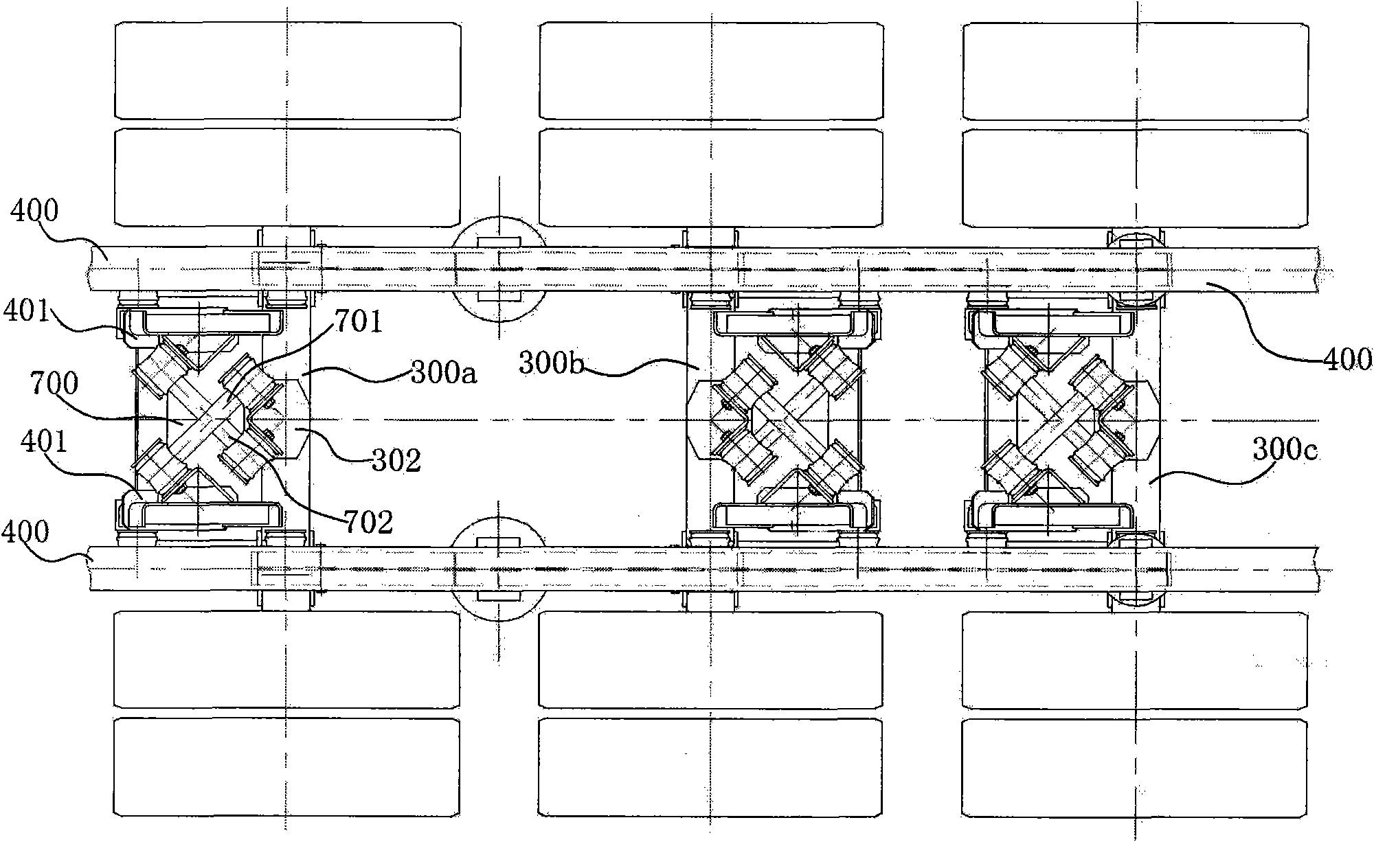 Three-axle linked suspension system