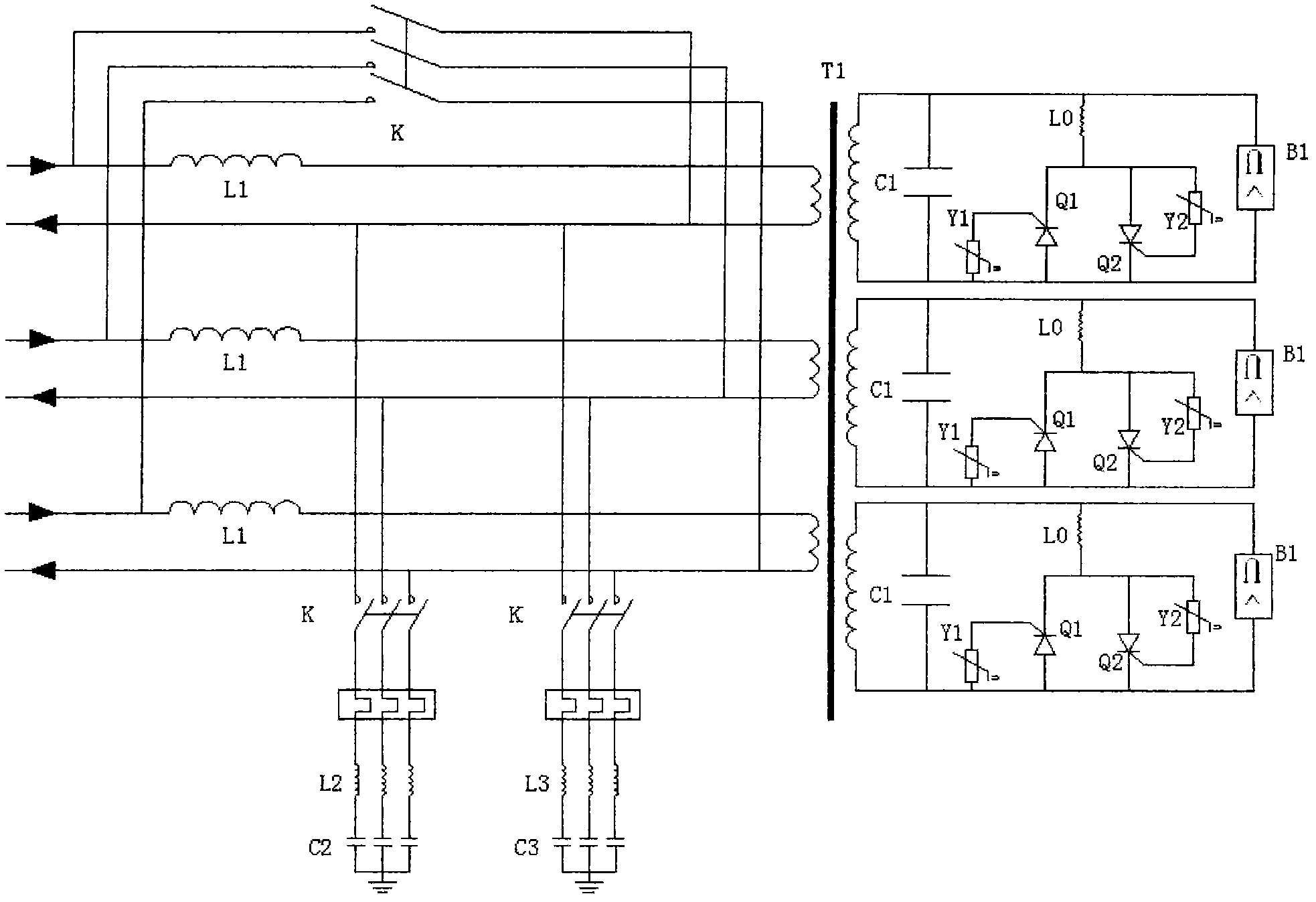 Serial-parallel mixed type filtering and protecting device of passive power