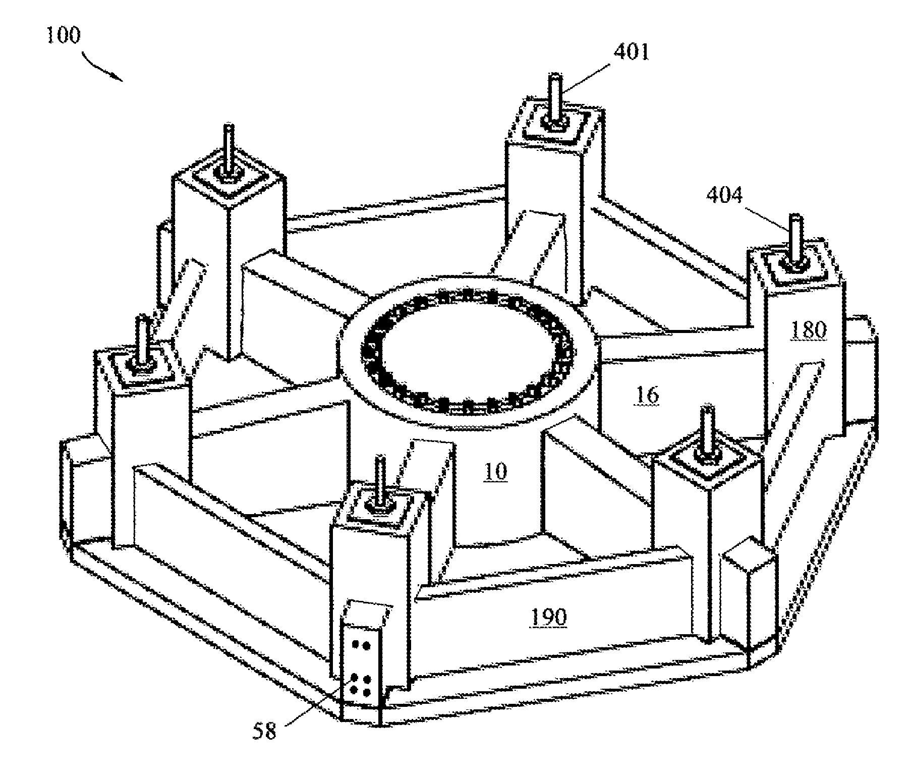 Foundation with slab, pedestal and ribs for columns and towers