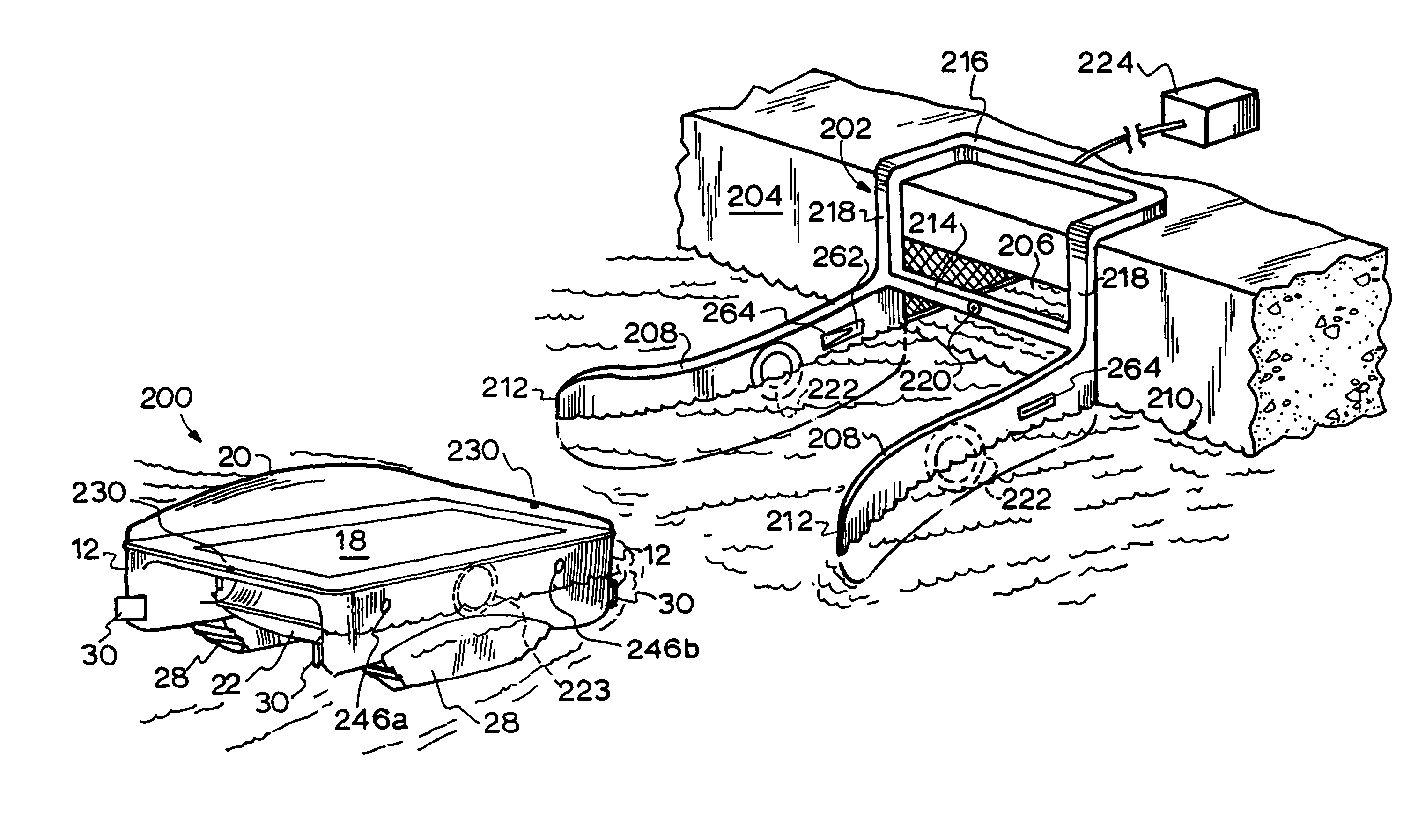 Dual direction water surface skimmer and pool side docking device