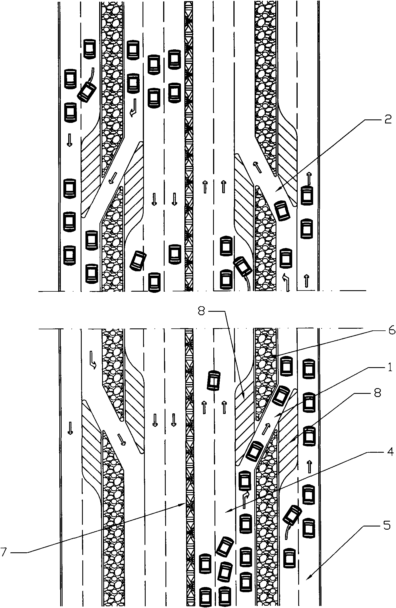 Balance bridge at entrance and exit of main and auxiliary roads and method for easing traffic jam